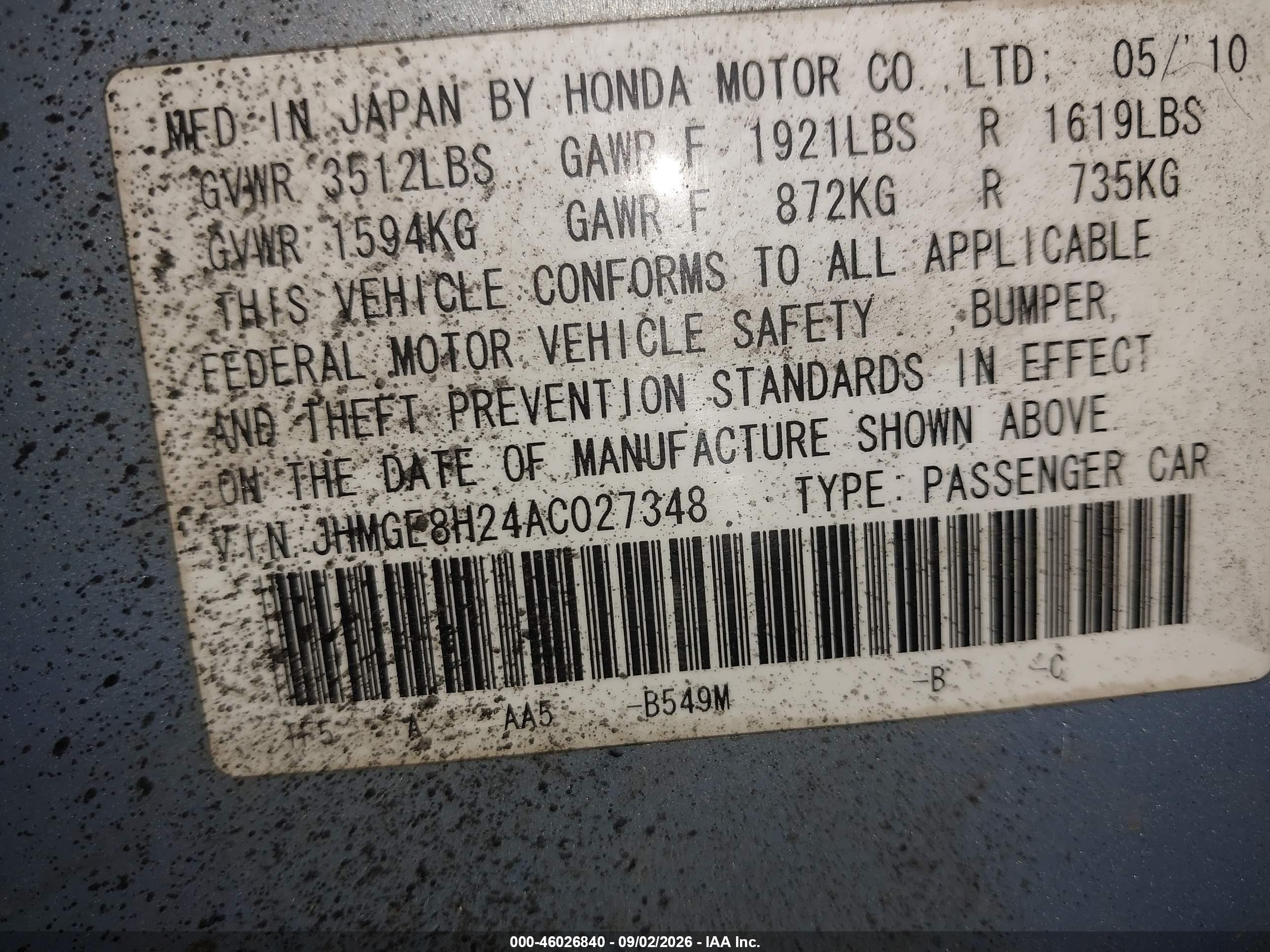 2010 Honda Fit   Black vin: JHMGE8H24AC027348