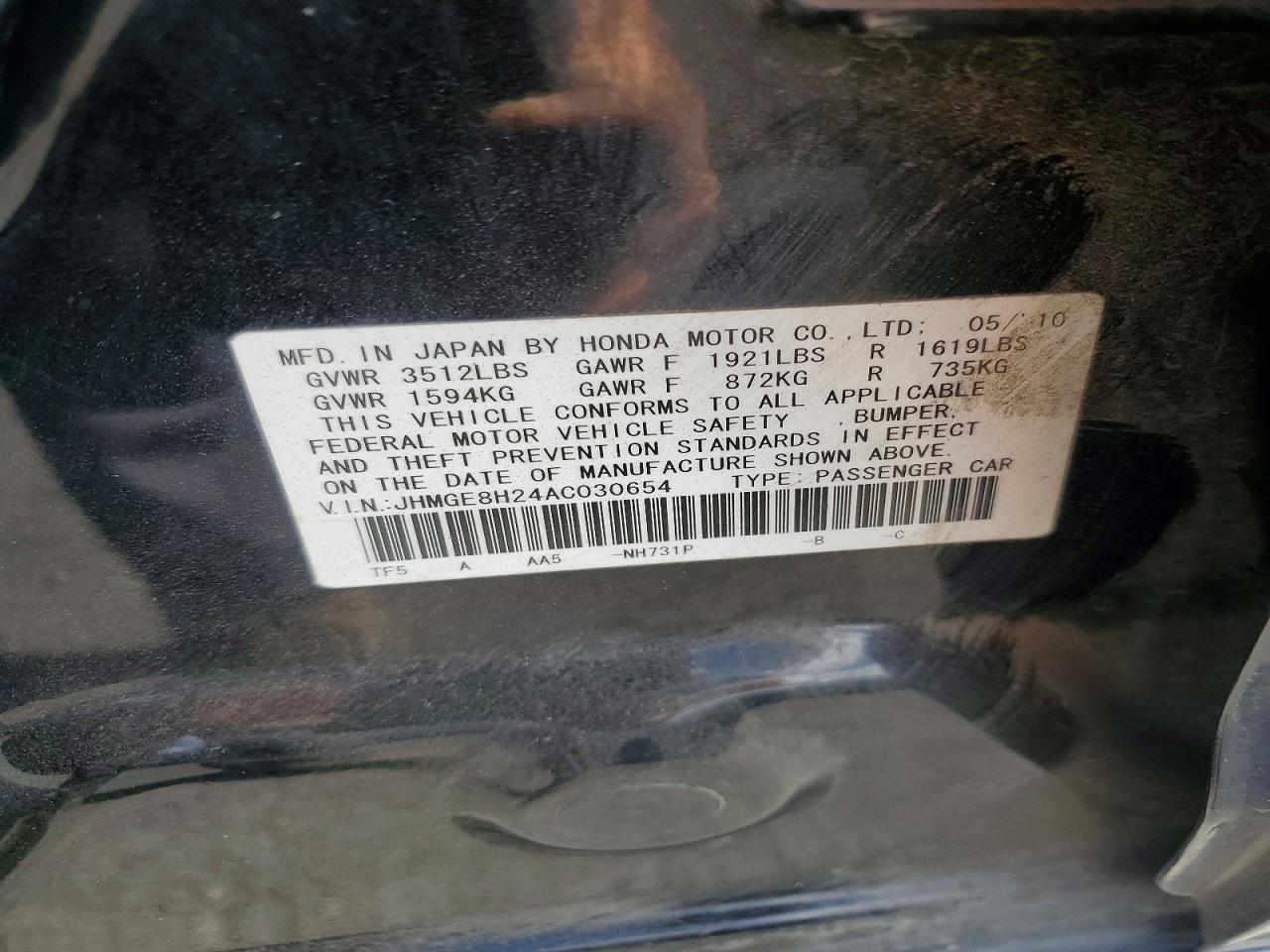 2010 Honda Fit Black vin: JHMGE8H24AC030654