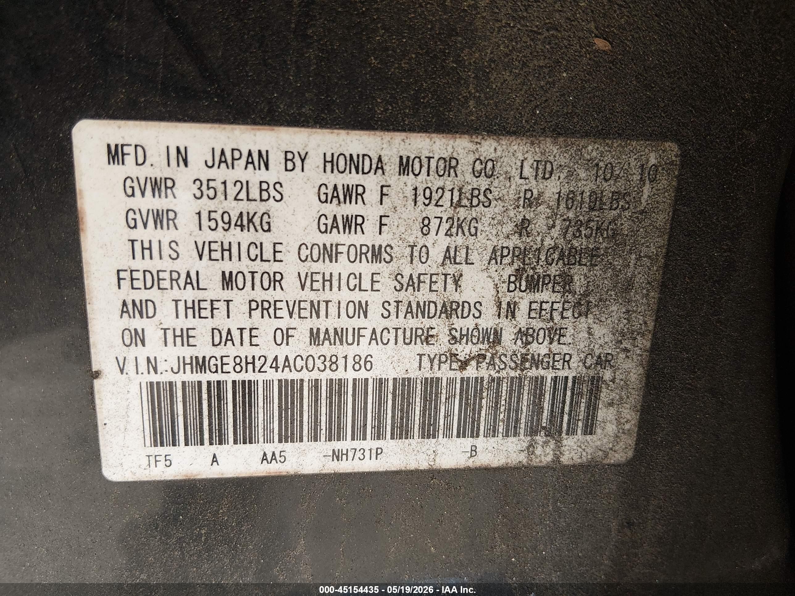 2010 Honda Fit   Black vin: JHMGE8H24AC038186