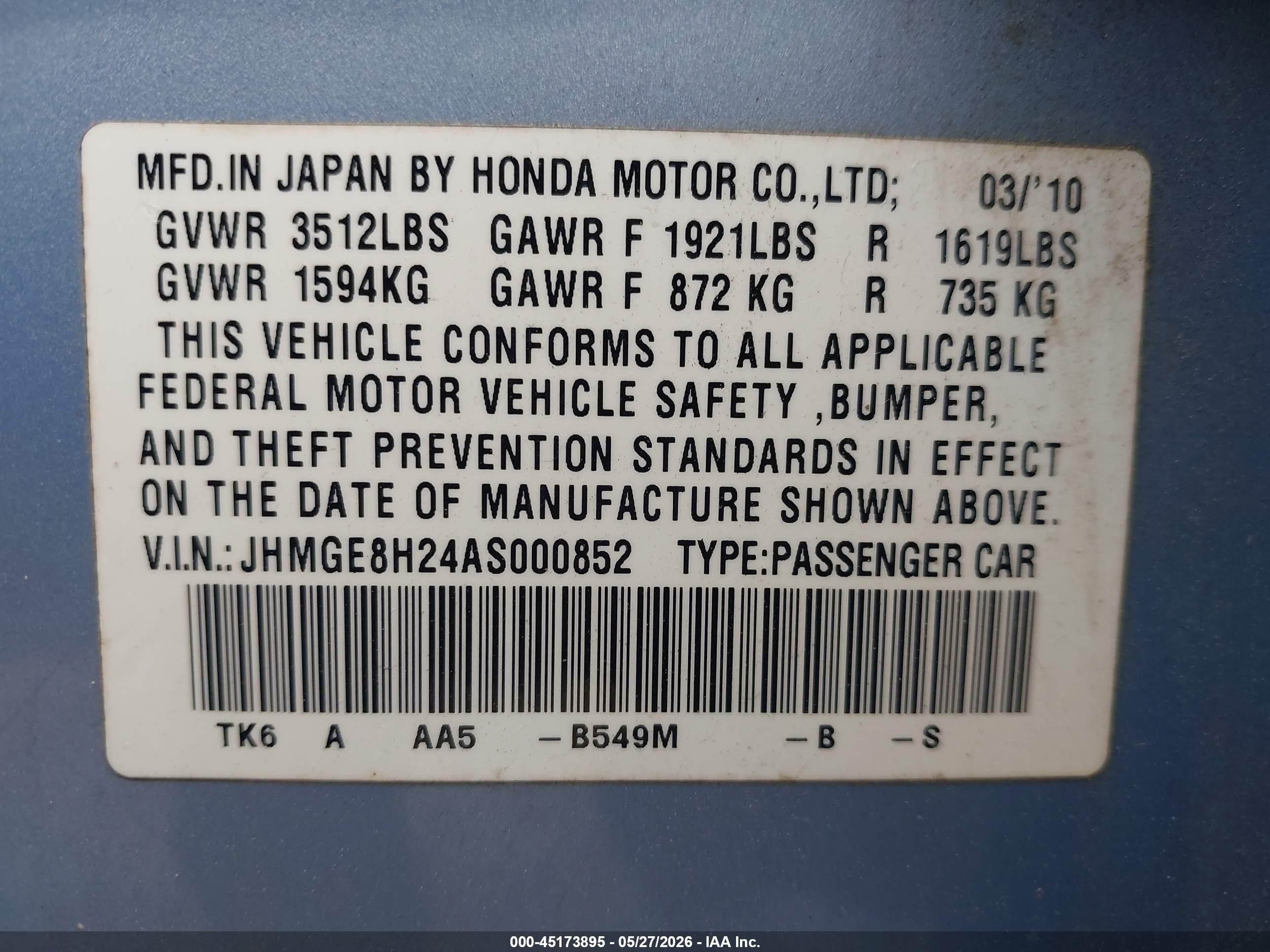 2010 Honda Fit   Light Blue vin: JHMGE8H24AS000852