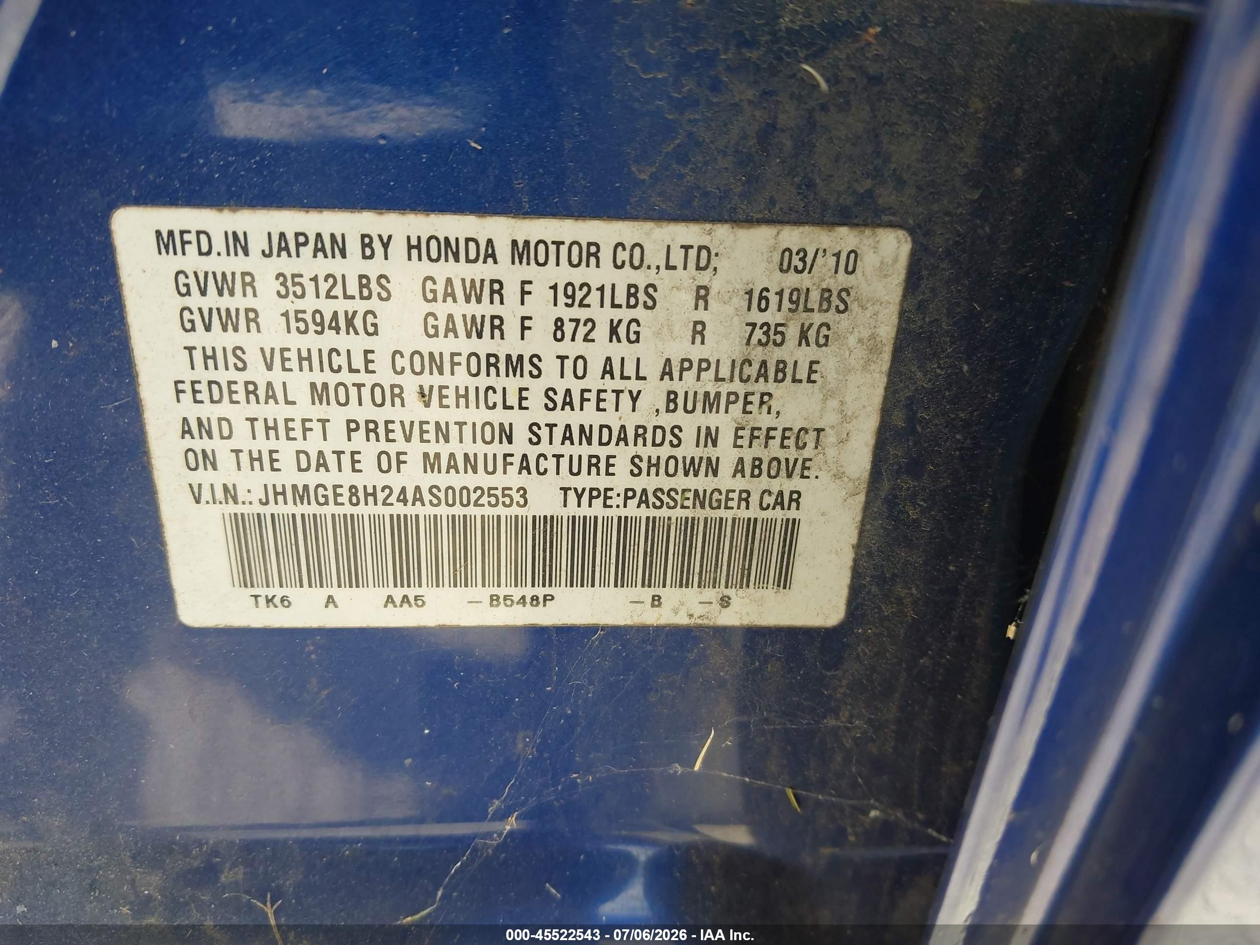 2010 Honda Fit   Blue vin: JHMGE8H24AS002553