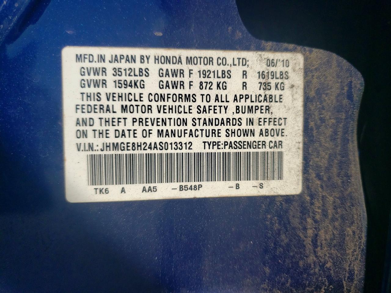 2010 Honda Fit Blue vin: JHMGE8H24AS013312