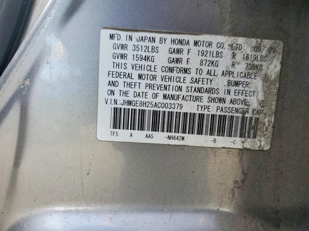 2010 Honda Fit Silver vin: JHMGE8H25AC003379