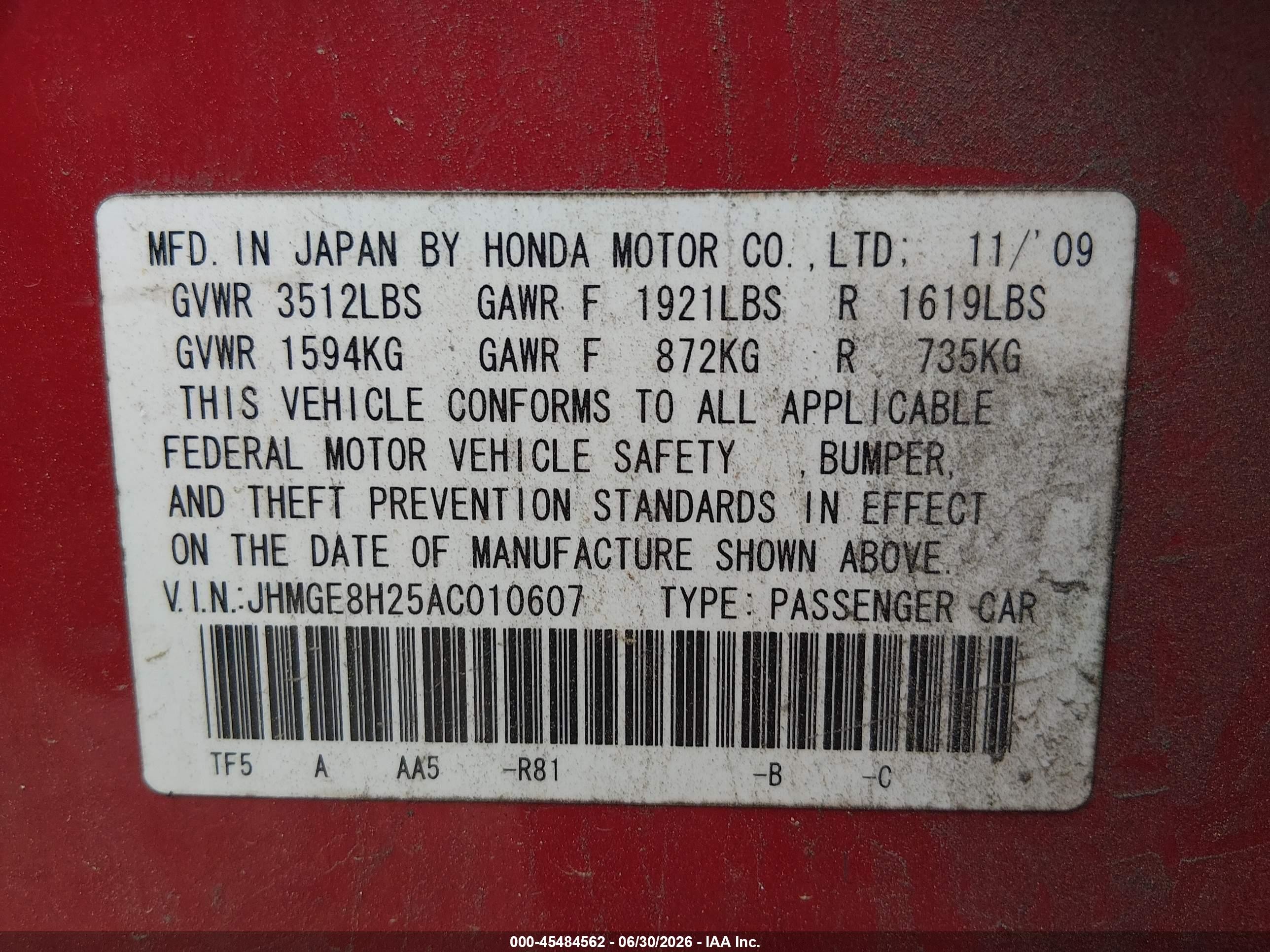 2010 Honda Fit   Красный vin: JHMGE8H25AC010607