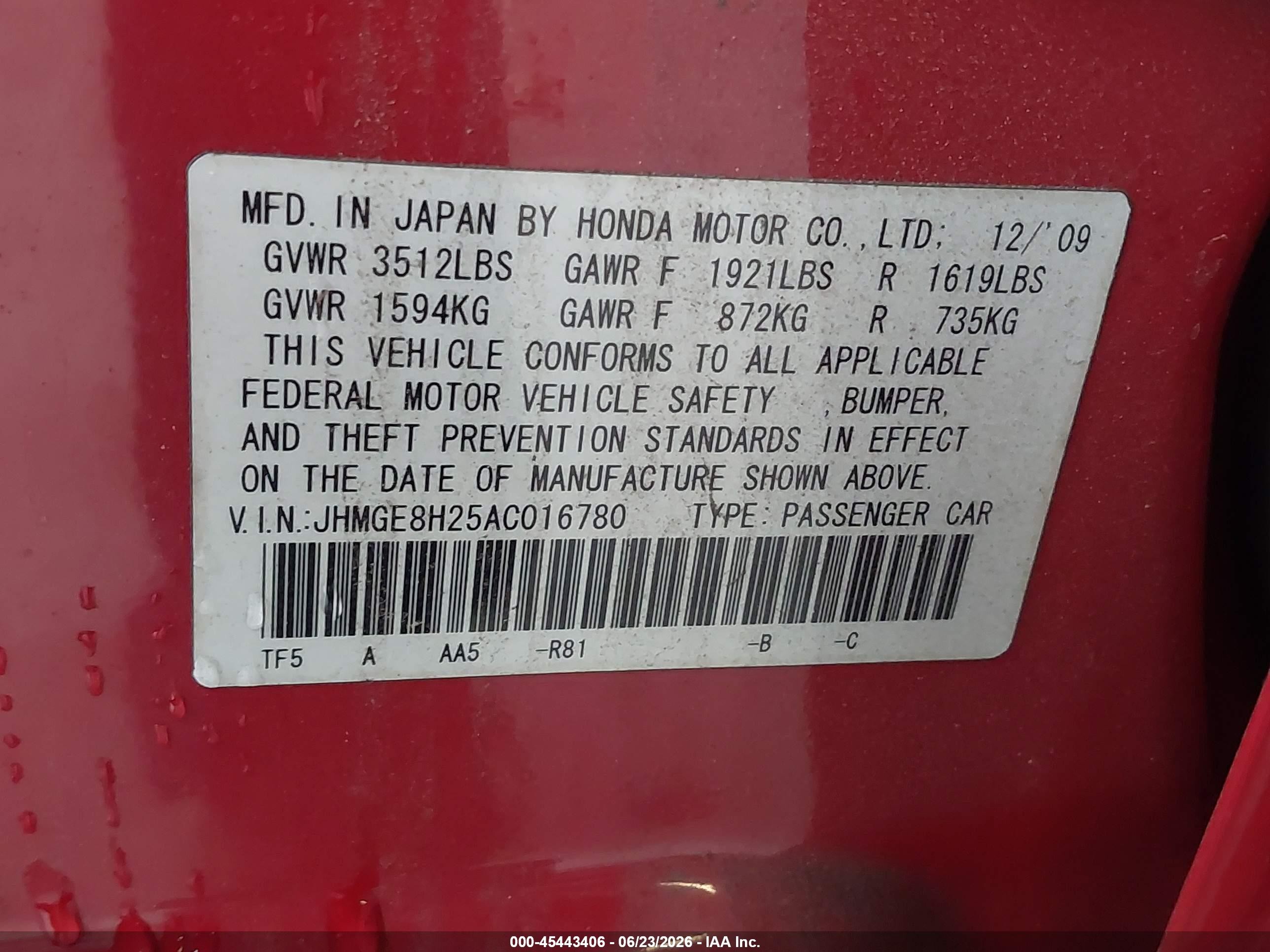 2010 Honda Fit   Red vin: JHMGE8H25AC016780