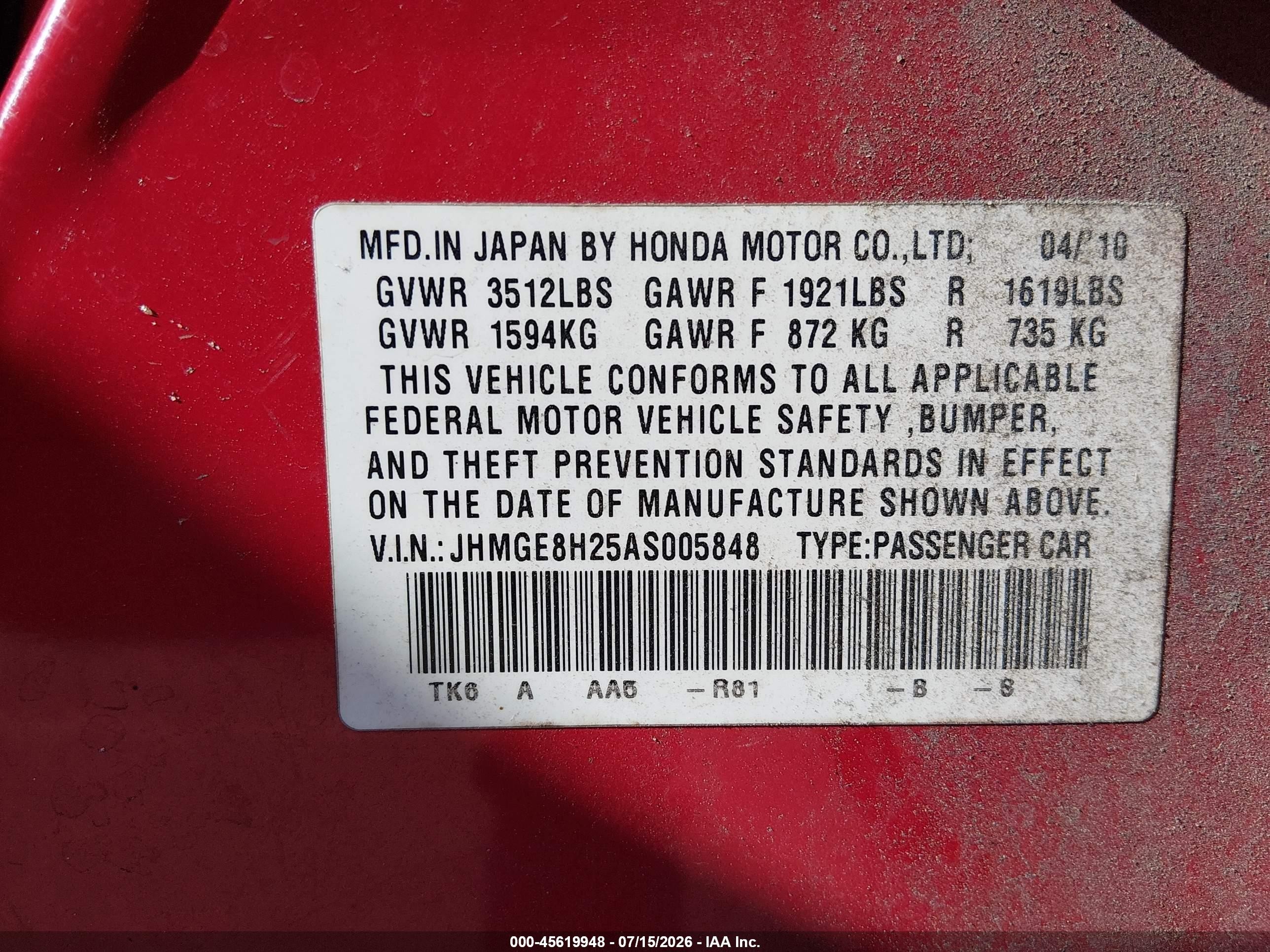 2010 Honda Fit   Красный vin: JHMGE8H25AS005848