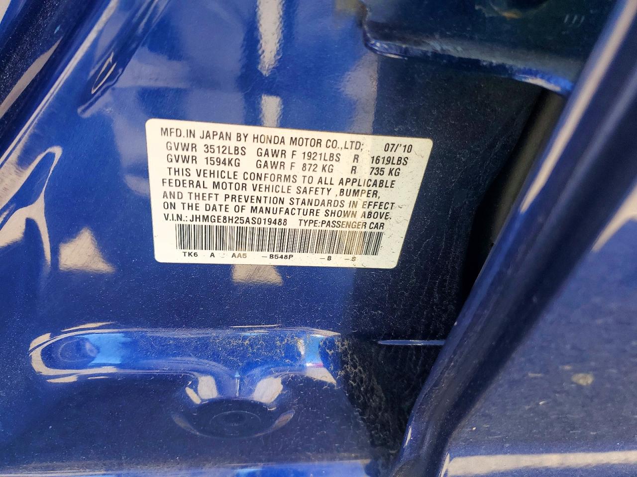 2010 Honda Fit Blue vin: JHMGE8H25AS019488
