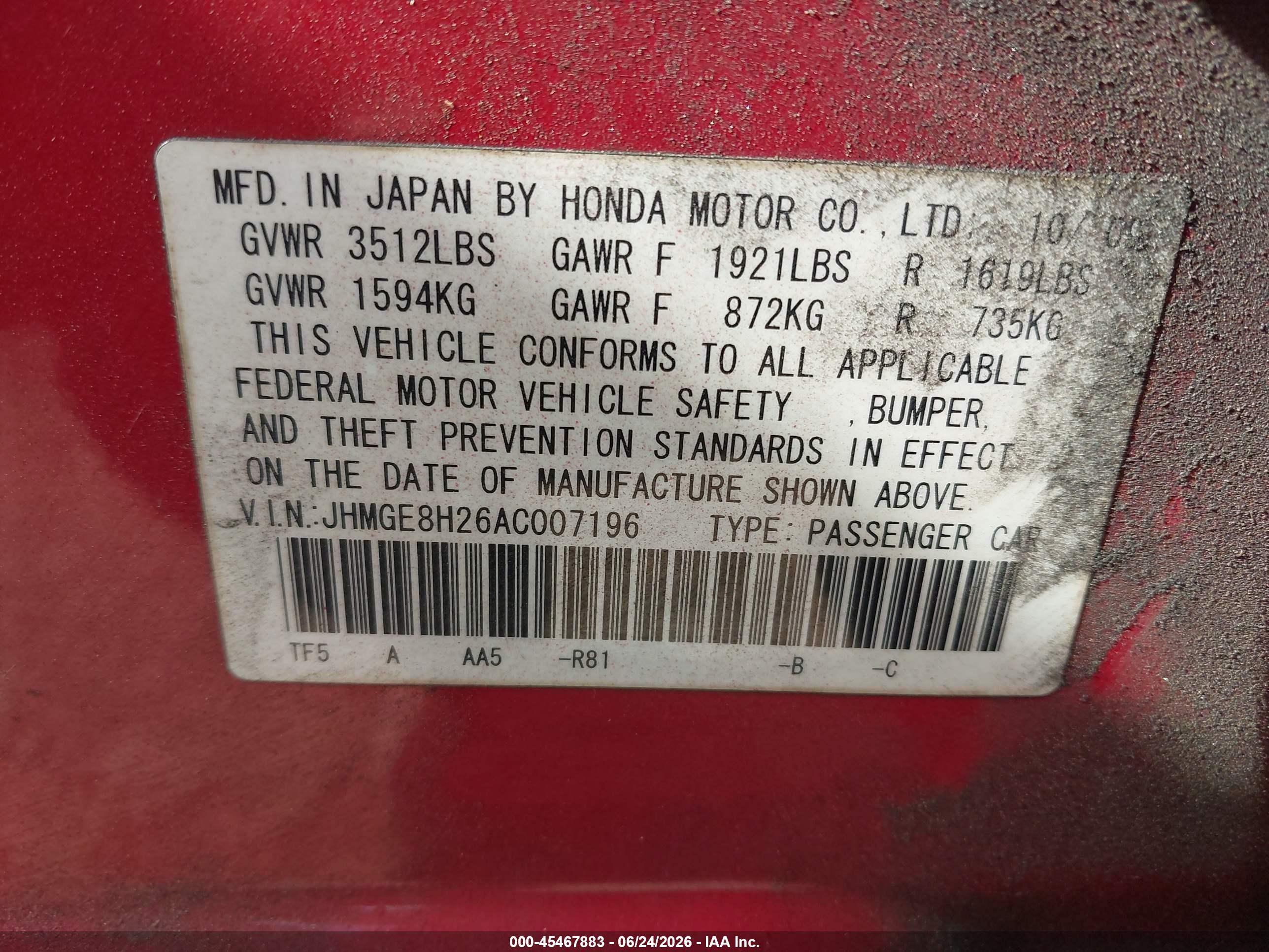 2010 Honda Fit   Red vin: JHMGE8H26AC007196