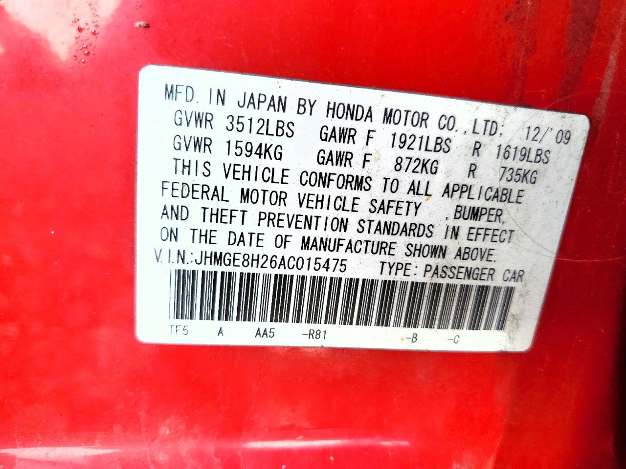 2010 Honda Fit Red vin: JHMGE8H26AC015475