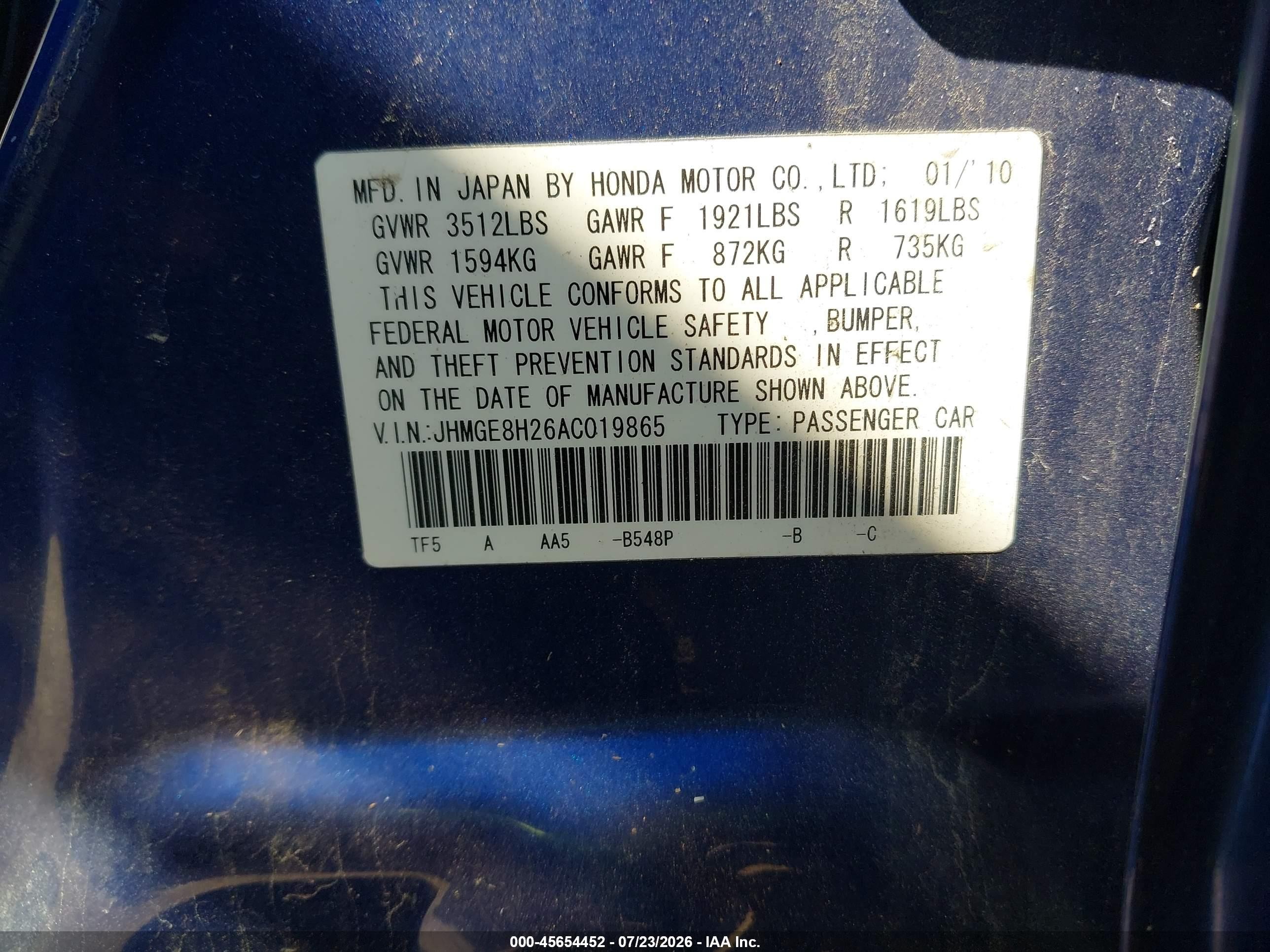 2010 Honda Fit   Blue vin: JHMGE8H26AC019865