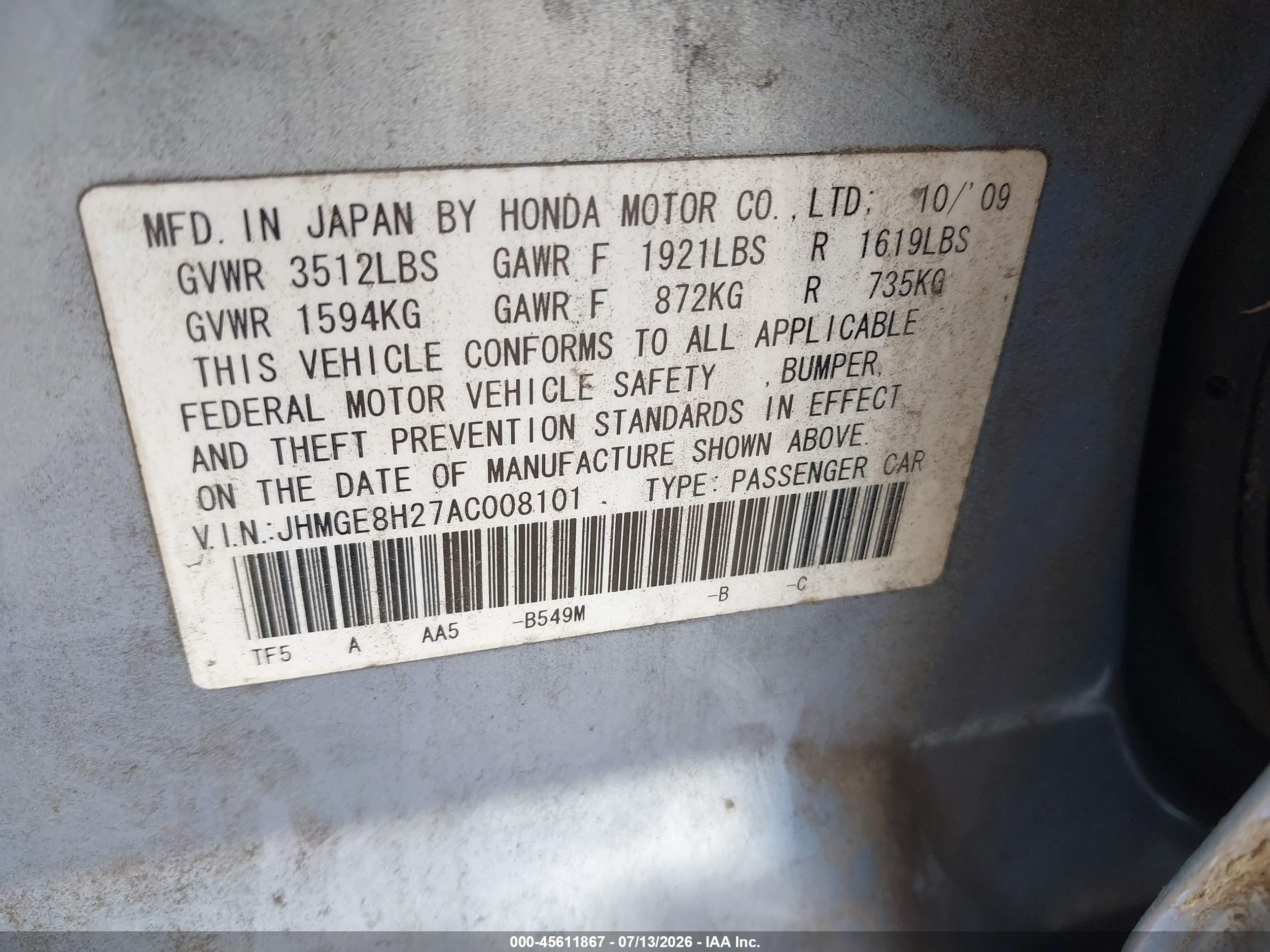 2010 Honda Fit Blue vin: JHMGE8H27AC008101