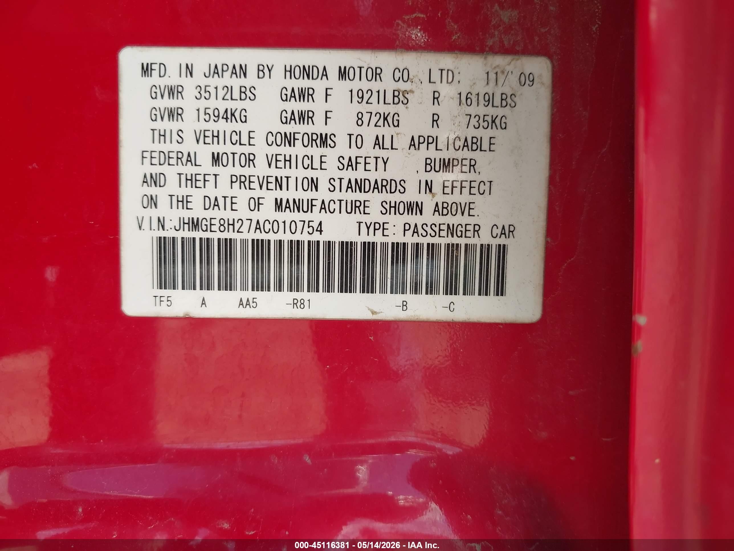 2010 Honda Fit   Red vin: JHMGE8H27AC010754