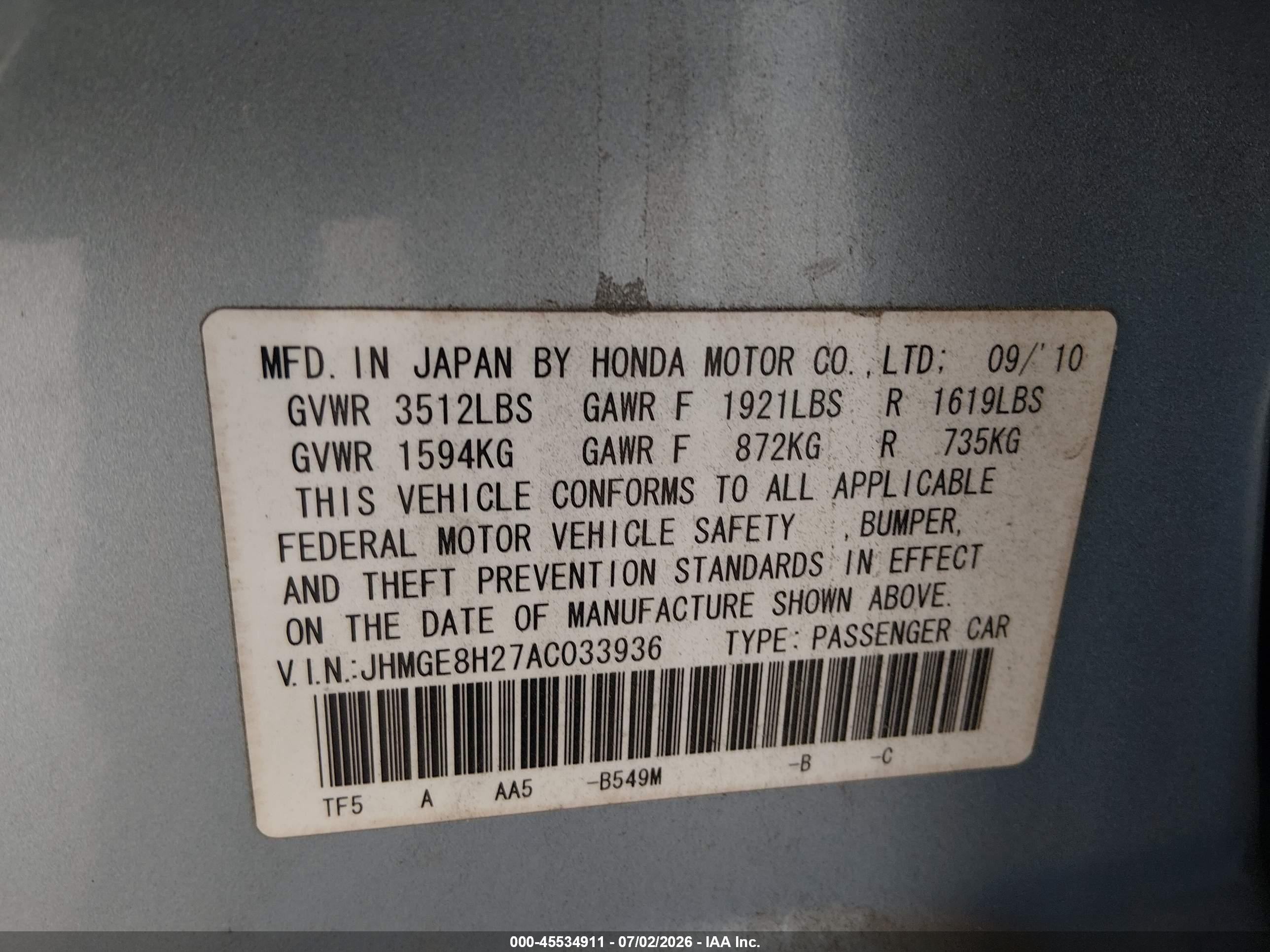 2010 Honda Fit   Light Blue vin: JHMGE8H27AC033936