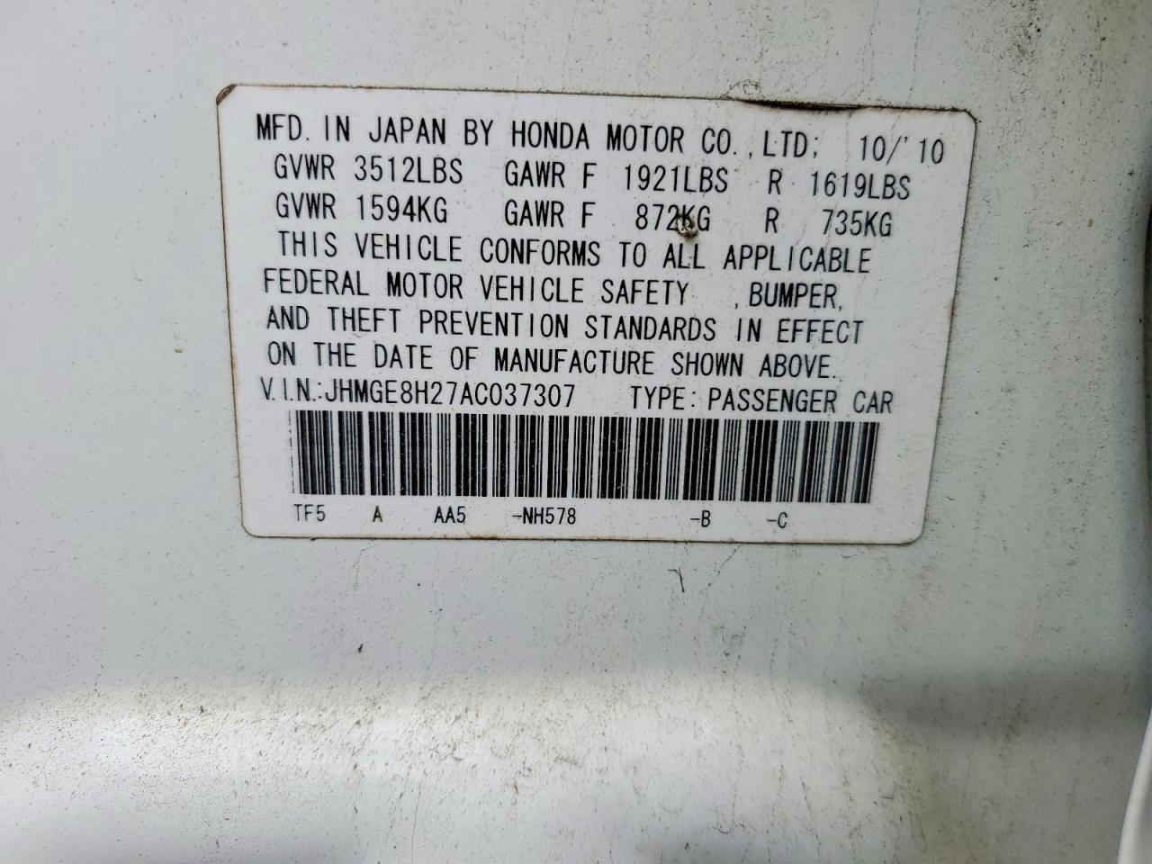 2010 Honda Fit White vin: JHMGE8H27AC037307