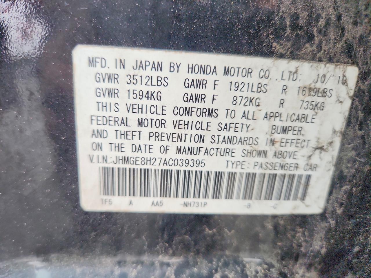 2010 Honda Fit Black vin: JHMGE8H27AC039395