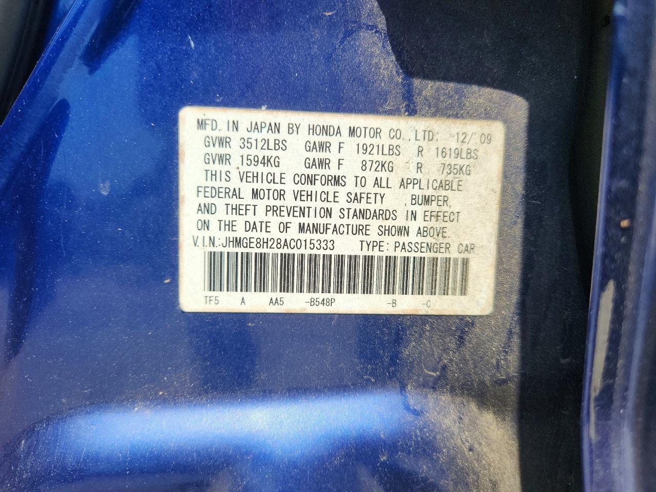 2010 Honda Fit Blue vin: JHMGE8H28AC015333