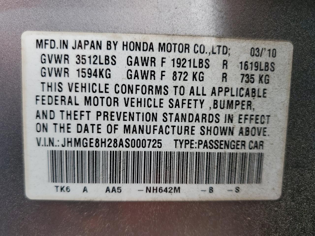 2010 Honda Fit Silver vin: JHMGE8H28AS000725