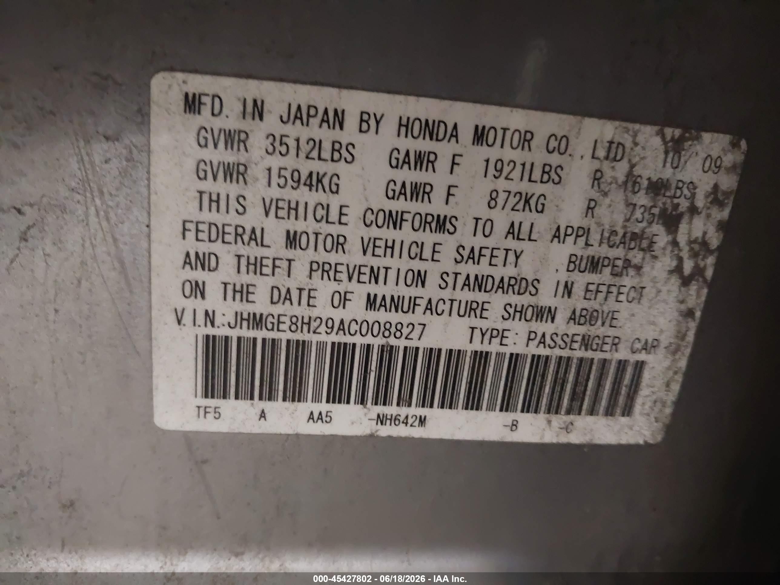 2010 Honda Fit   Silver vin: JHMGE8H29AC008827