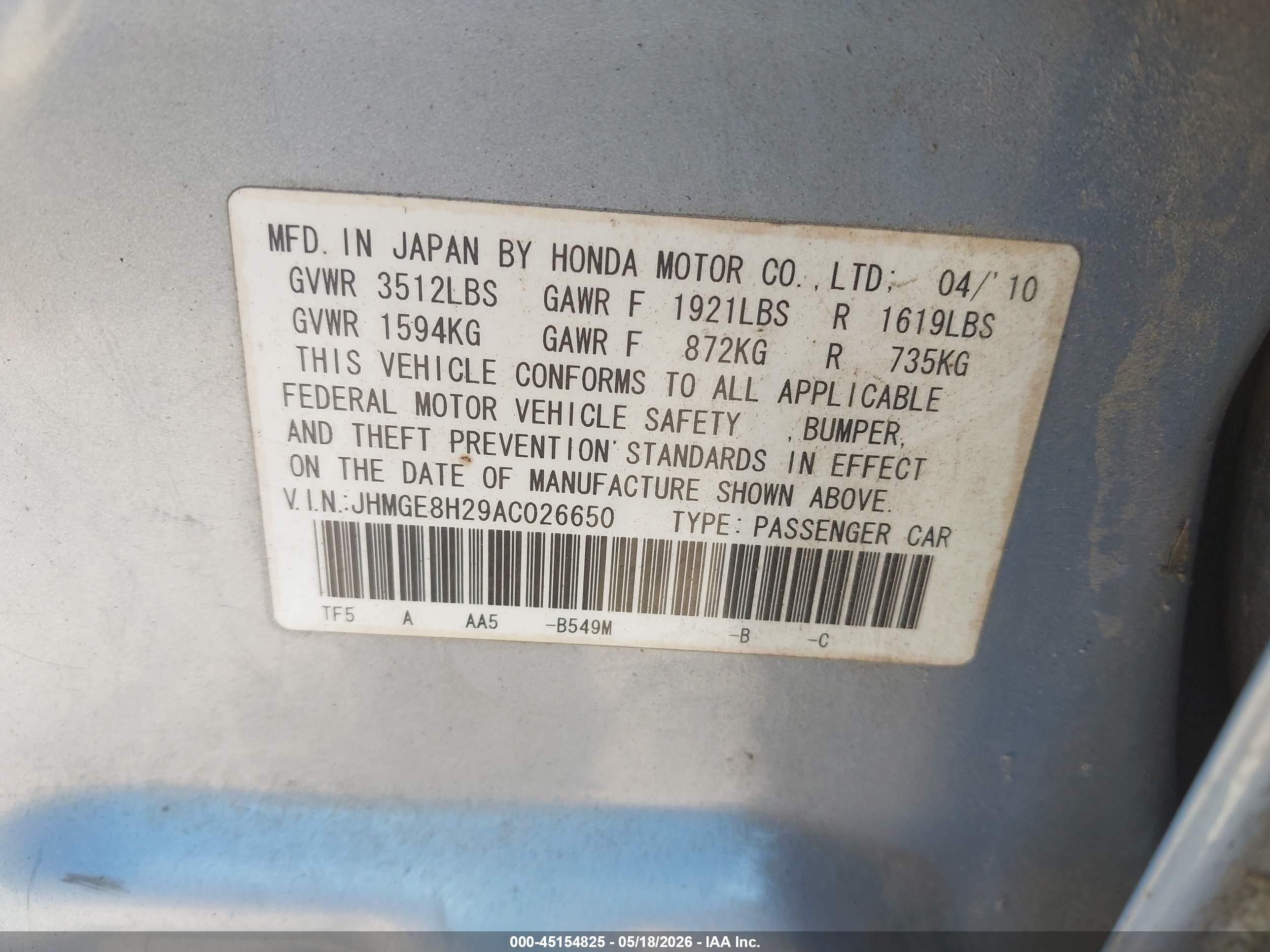 2010 Honda Fit Light Blue vin: JHMGE8H29AC026650