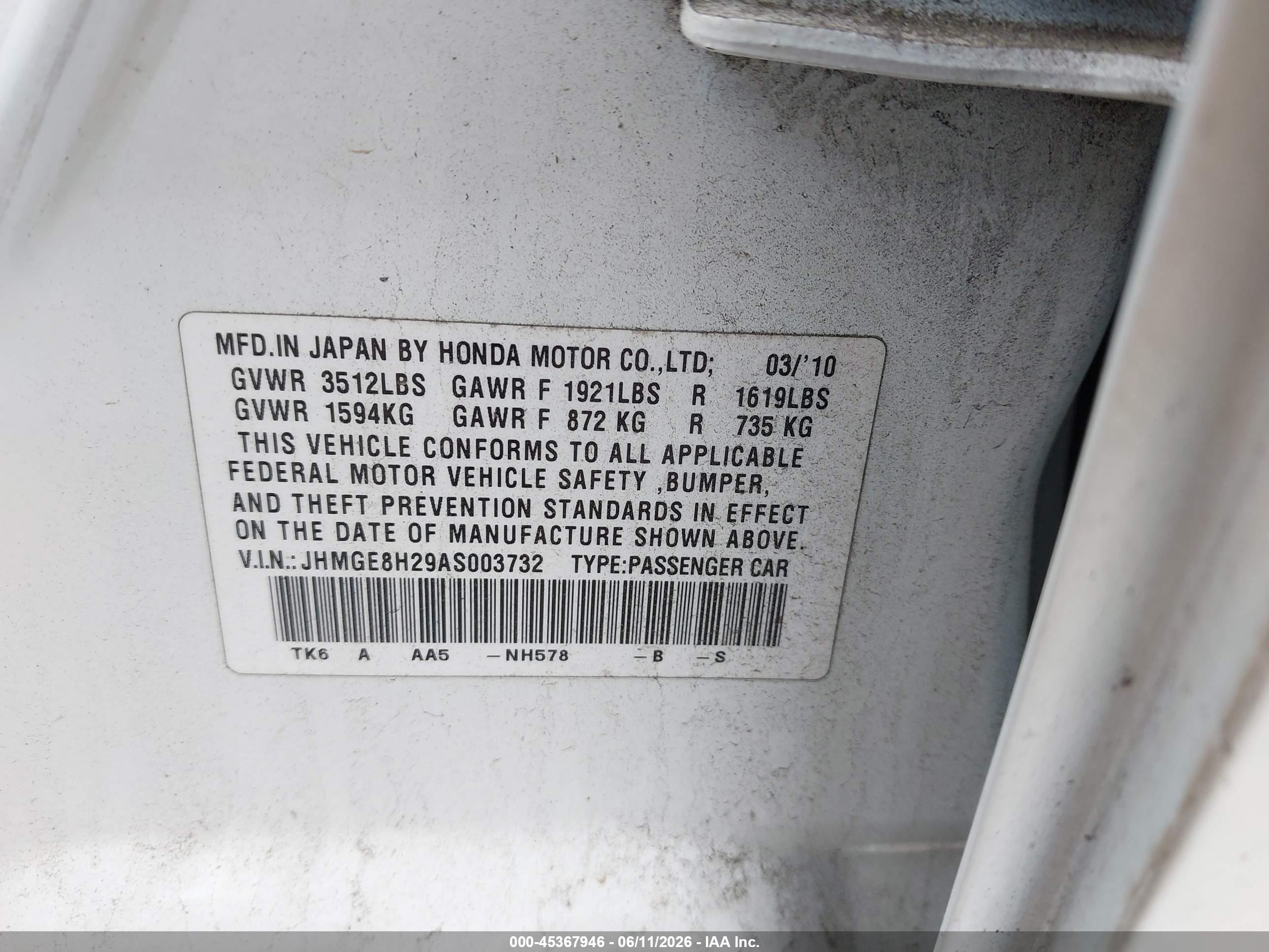 2010 Honda Fit White vin: JHMGE8H29AS003732