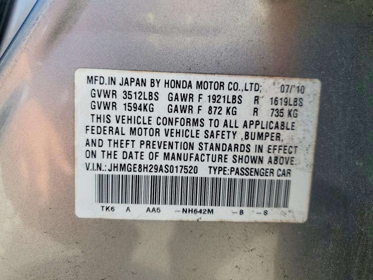 2010 Honda Fit Silver vin: JHMGE8H29AS017520