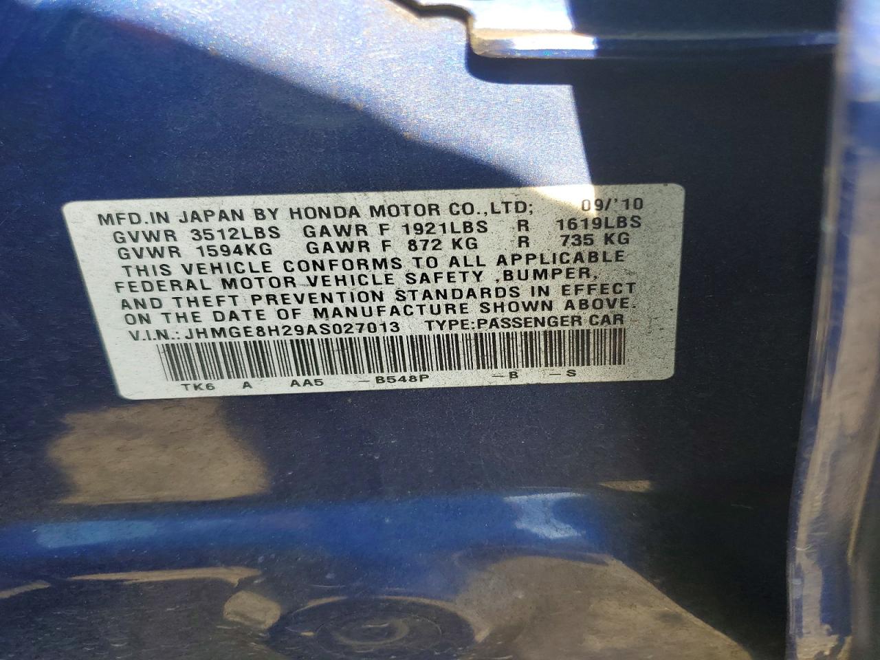 2010 Honda Fit Blue vin: JHMGE8H29AS027013