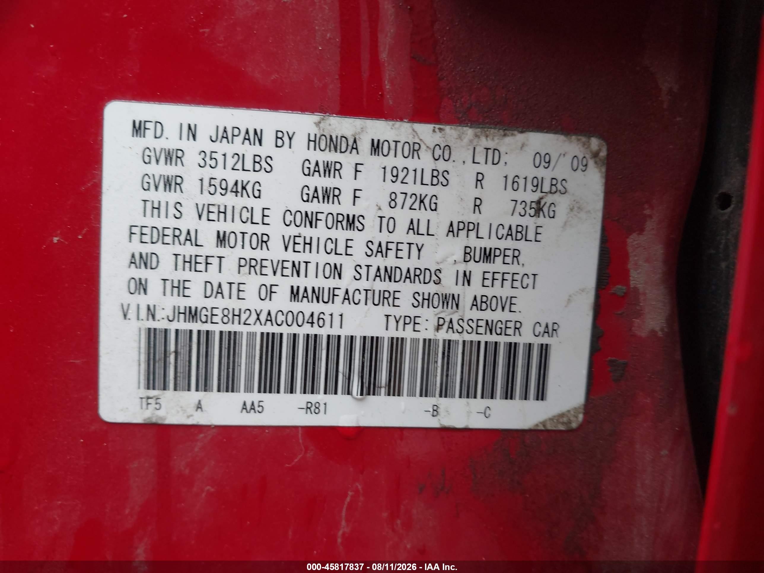 2010 Honda Fit Red vin: JHMGE8H2XAC004611