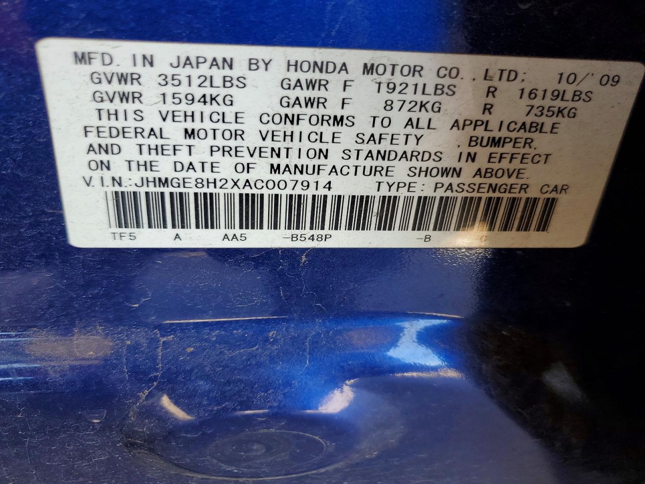 2010 Honda Fit Blue vin: JHMGE8H2XAC007914