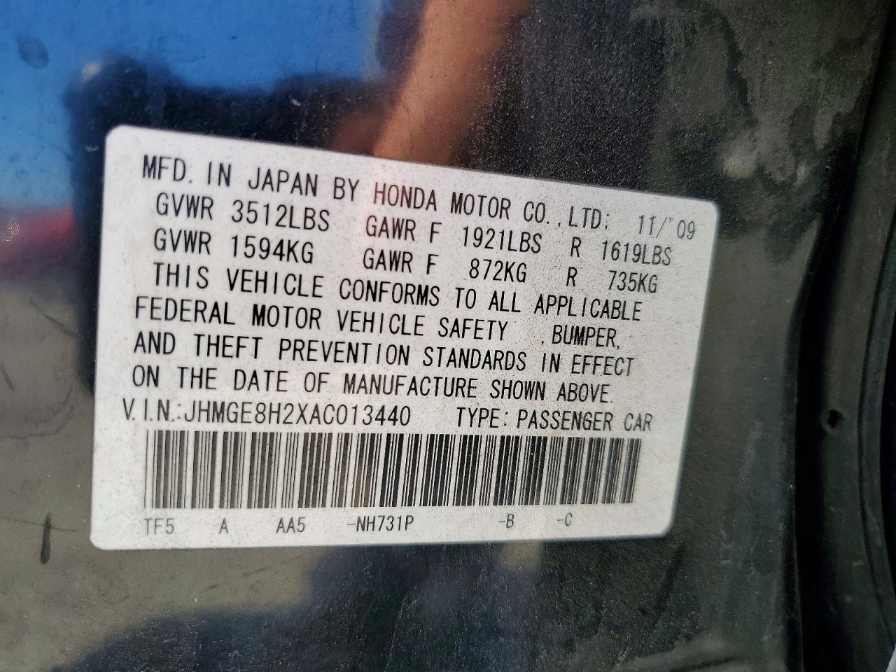 2010 Honda Fit Black vin: JHMGE8H2XAC013440