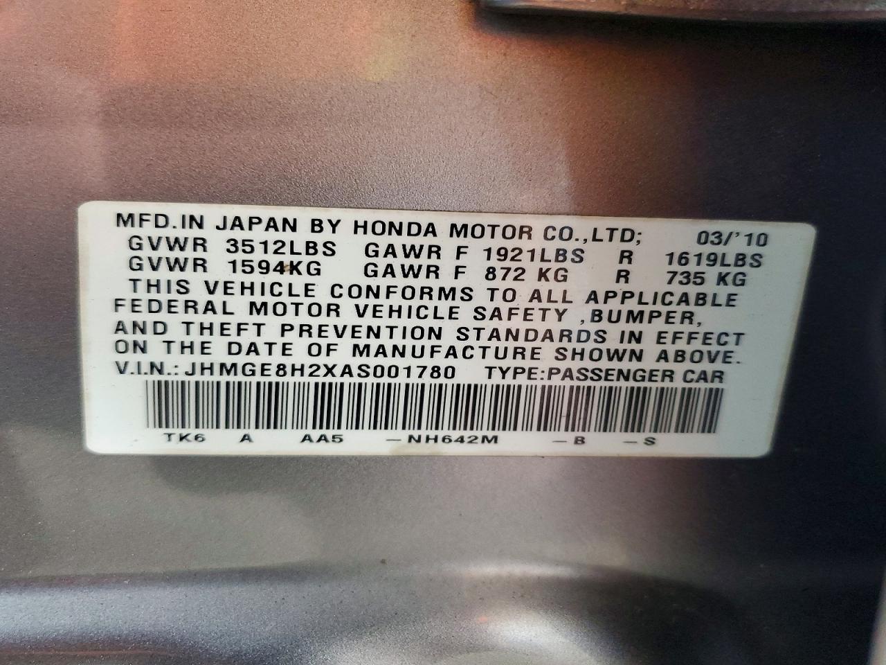 2010 Honda Fit Silver vin: JHMGE8H2XAS001780