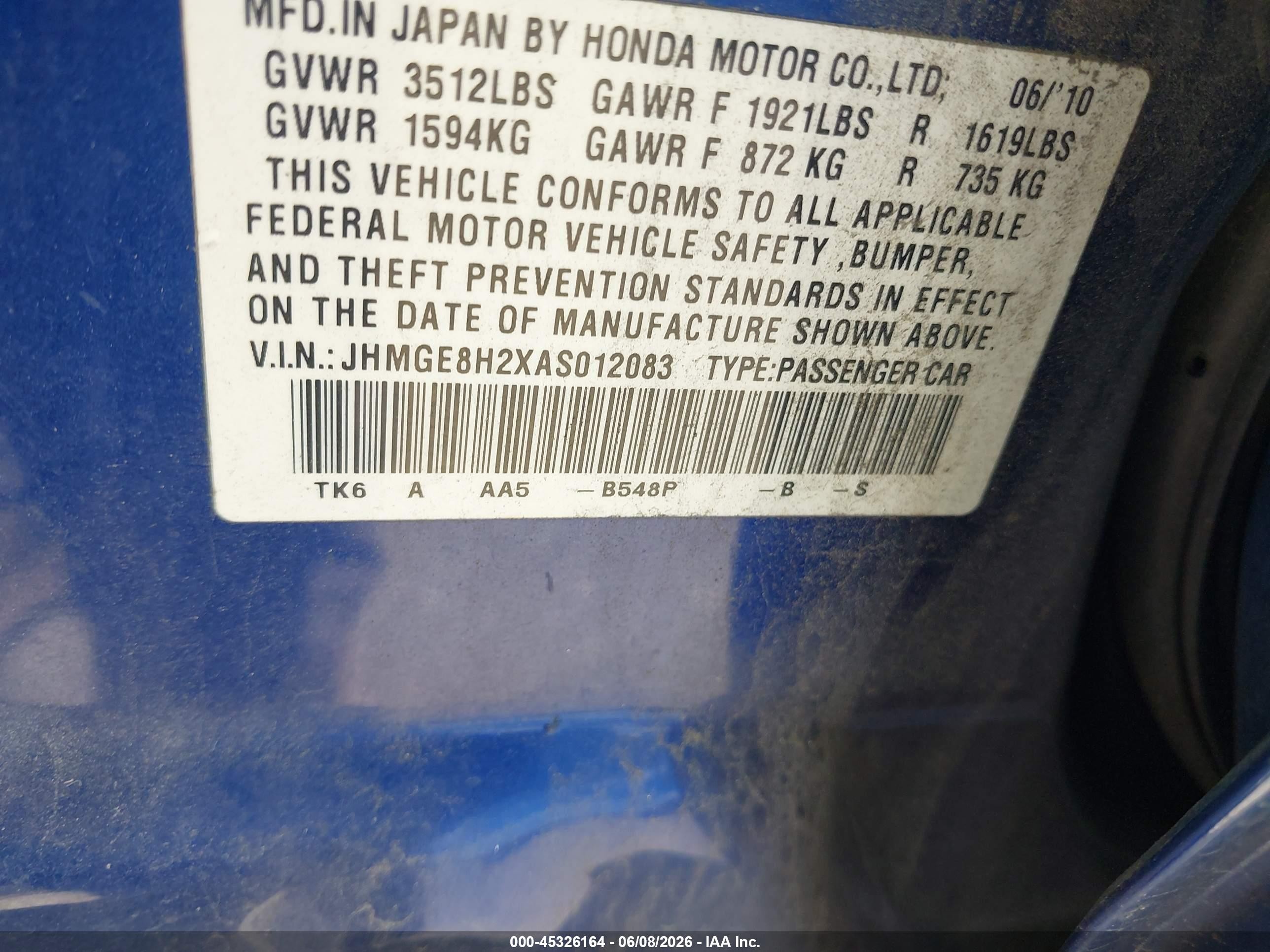 2010 Honda Fit   Blue vin: JHMGE8H2XAS012083