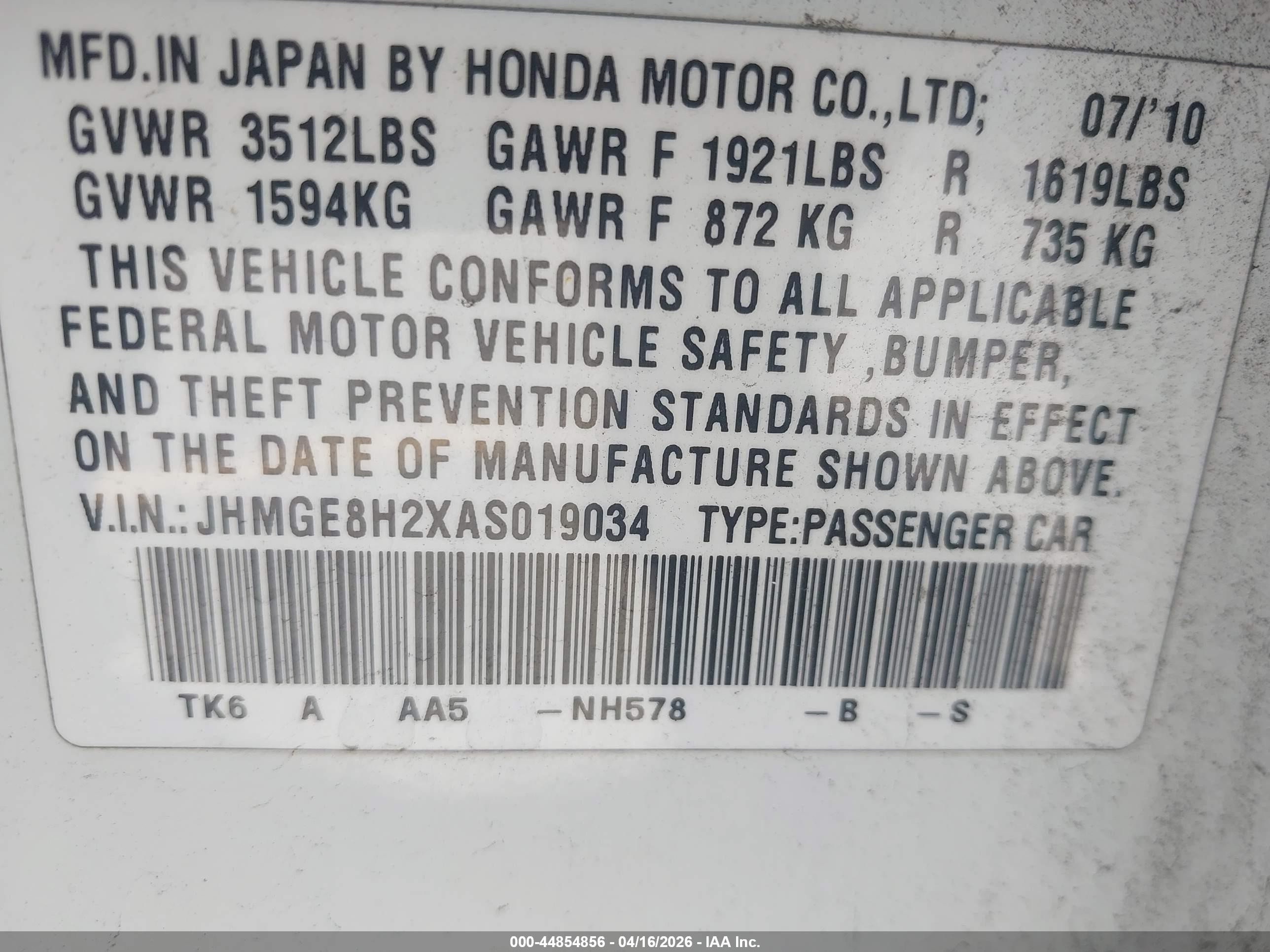 2010 Honda Fit   White vin: JHMGE8H2XAS019034