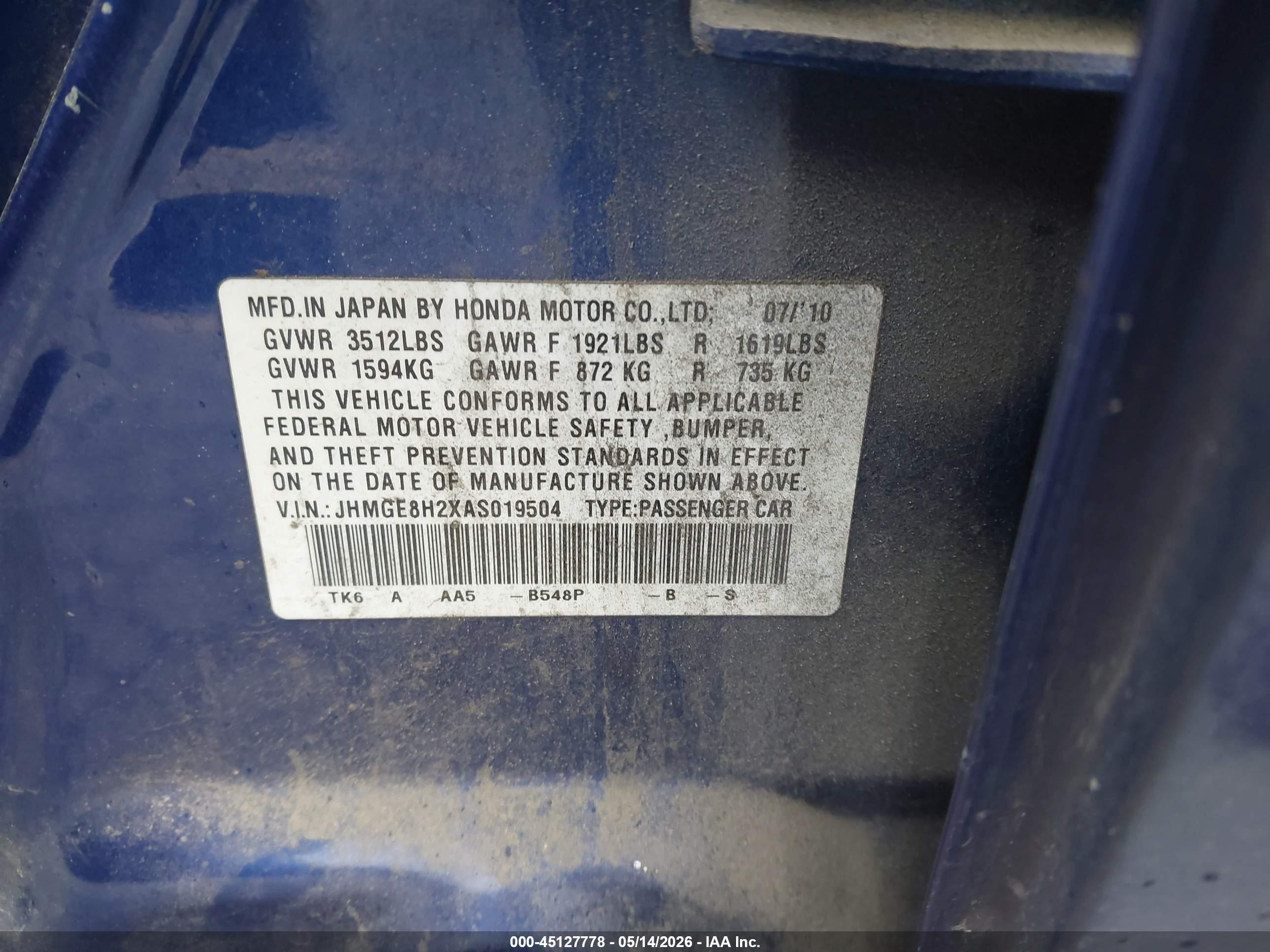 2010 Honda Fit   Blue vin: JHMGE8H2XAS019504