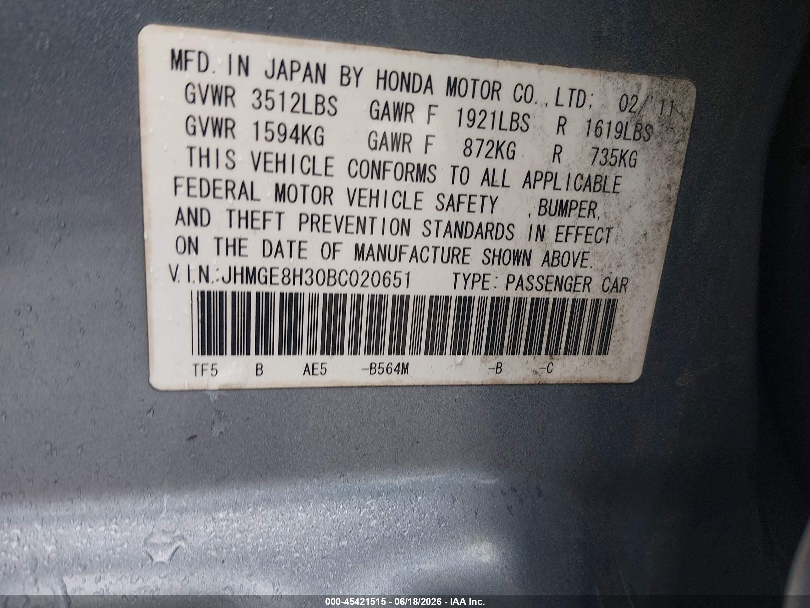 2011 Honda Fit Blue vin: JHMGE8H30BC020651
