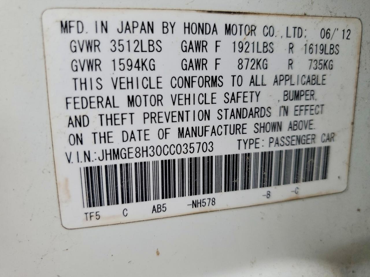 2012 Honda Fit White vin: JHMGE8H30CC035703