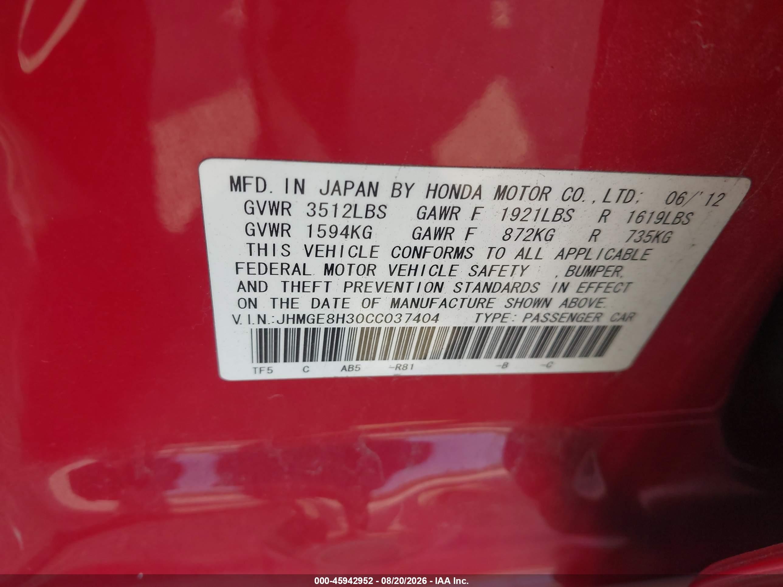 2012 Honda Fit   Red vin: JHMGE8H30CC037404