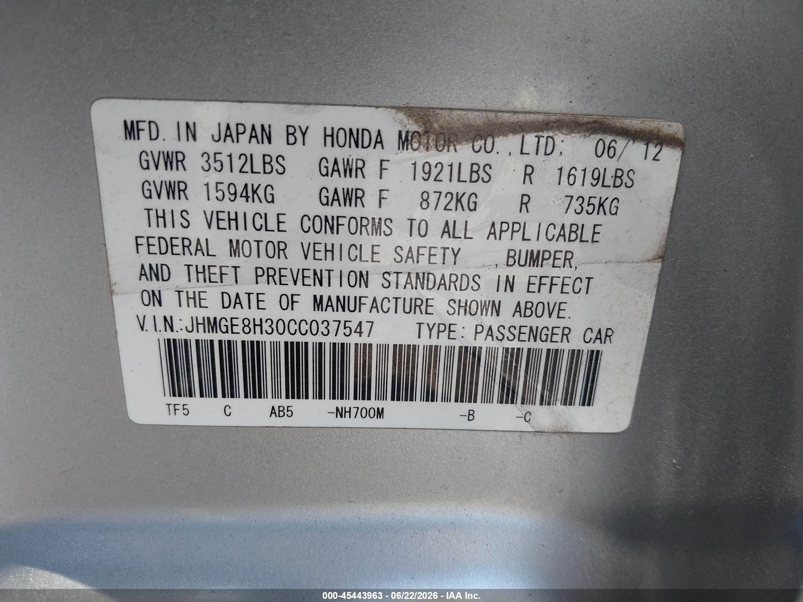 2012 Honda Fit   Silver vin: JHMGE8H30CC037547
