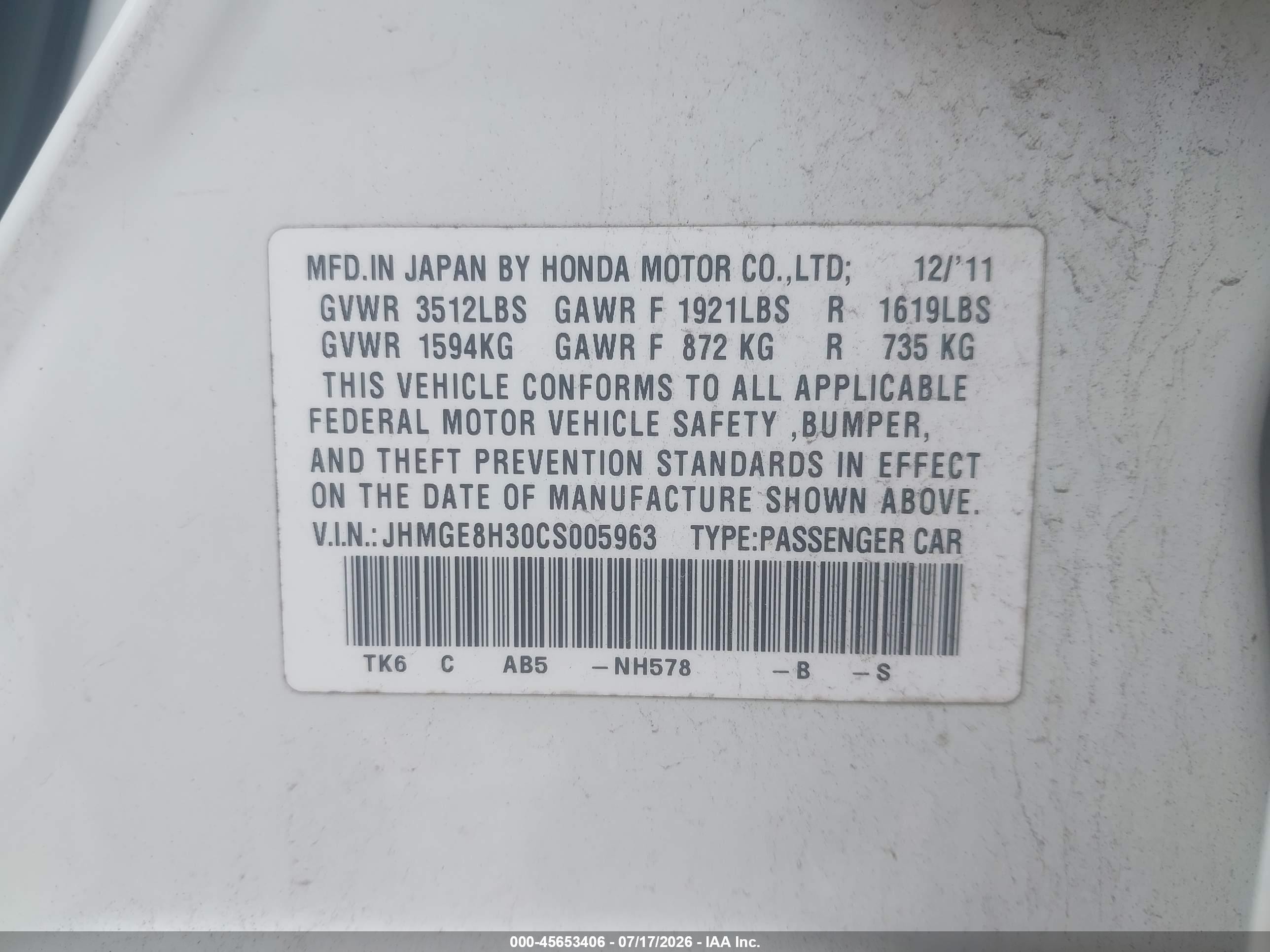 2012 Honda Fit   White vin: JHMGE8H30CS005963