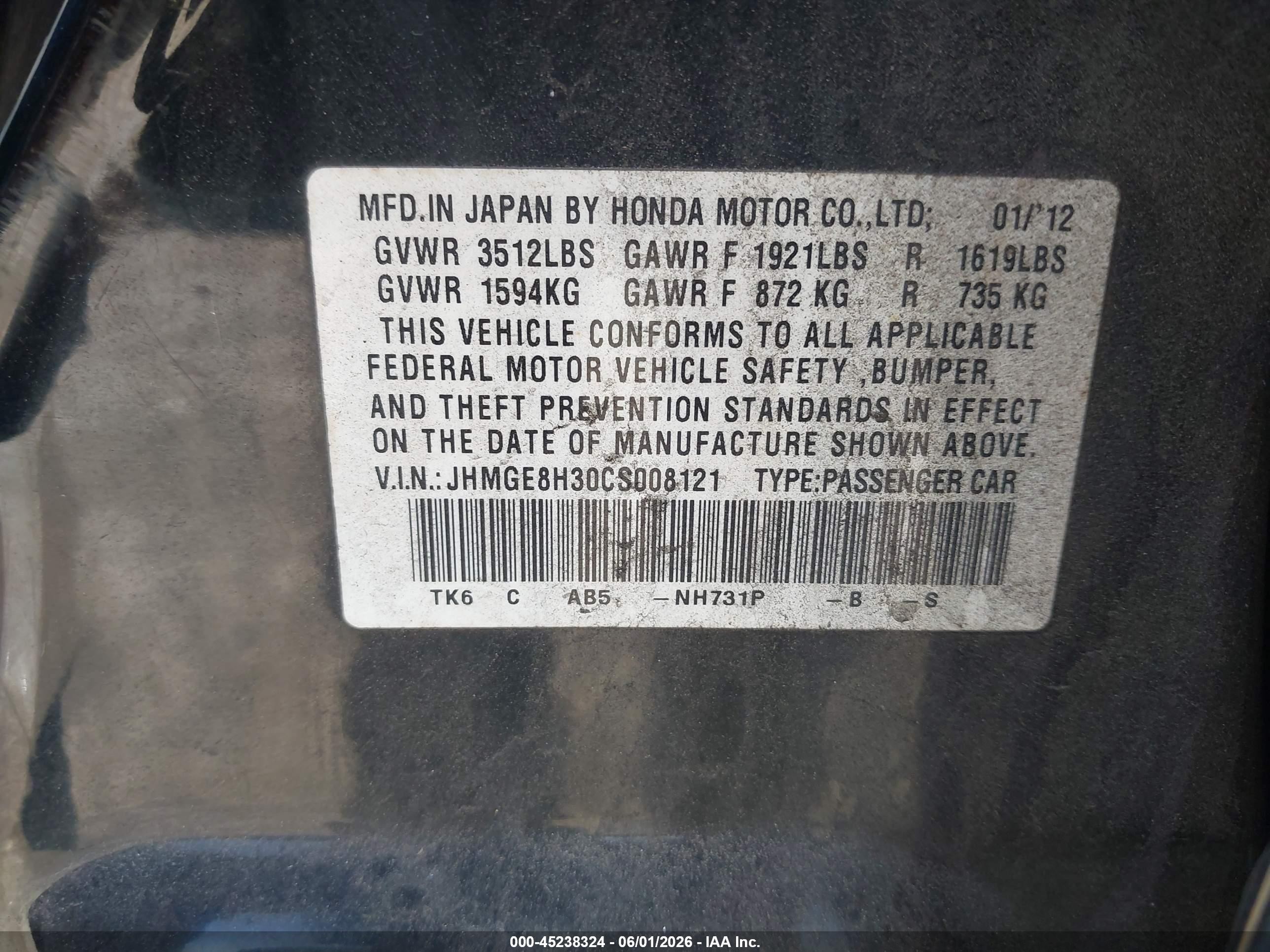 2012 Honda Fit   Black vin: JHMGE8H30CS008121