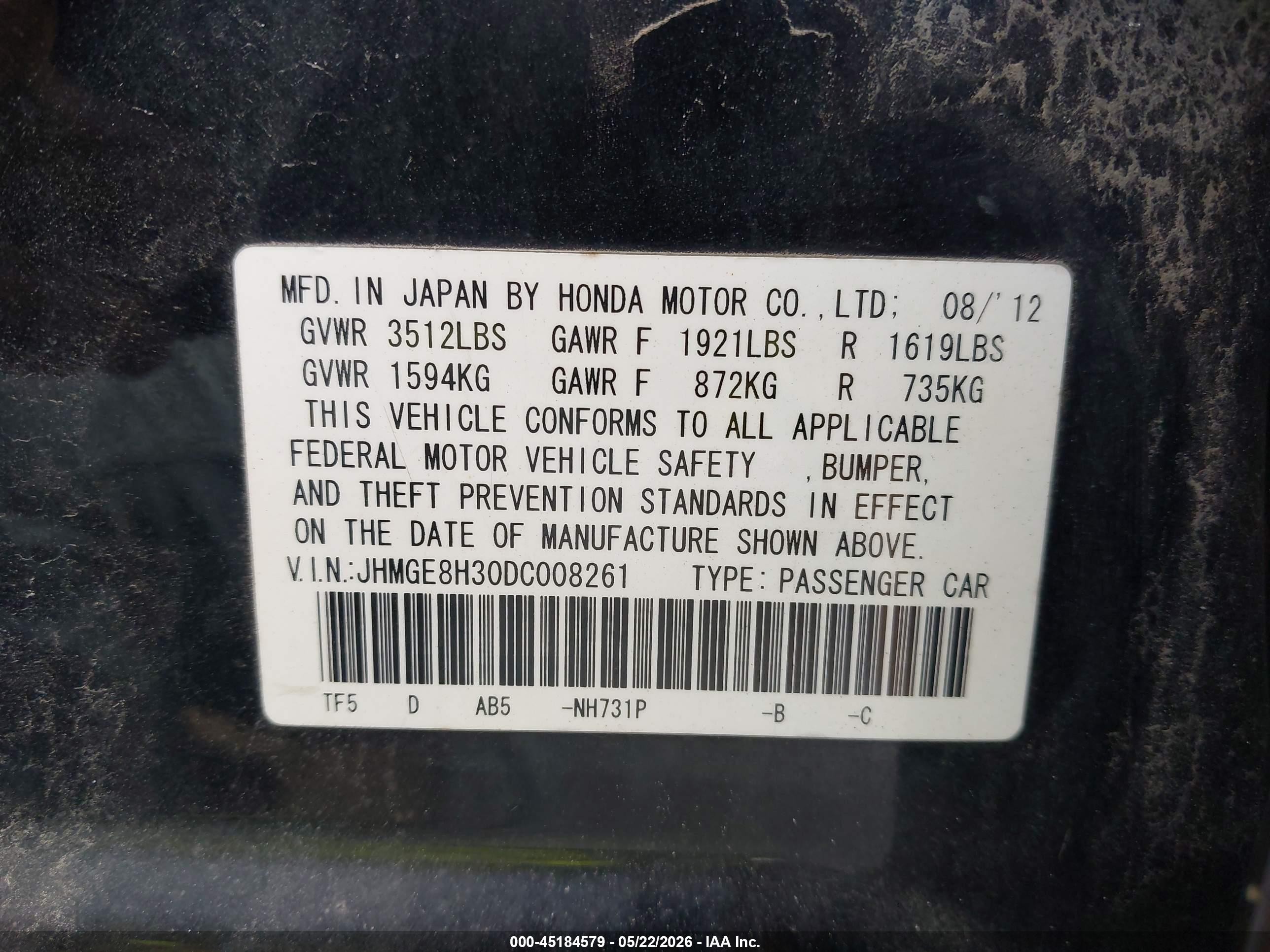 2013 Honda Fit   Black vin: JHMGE8H30DC008261