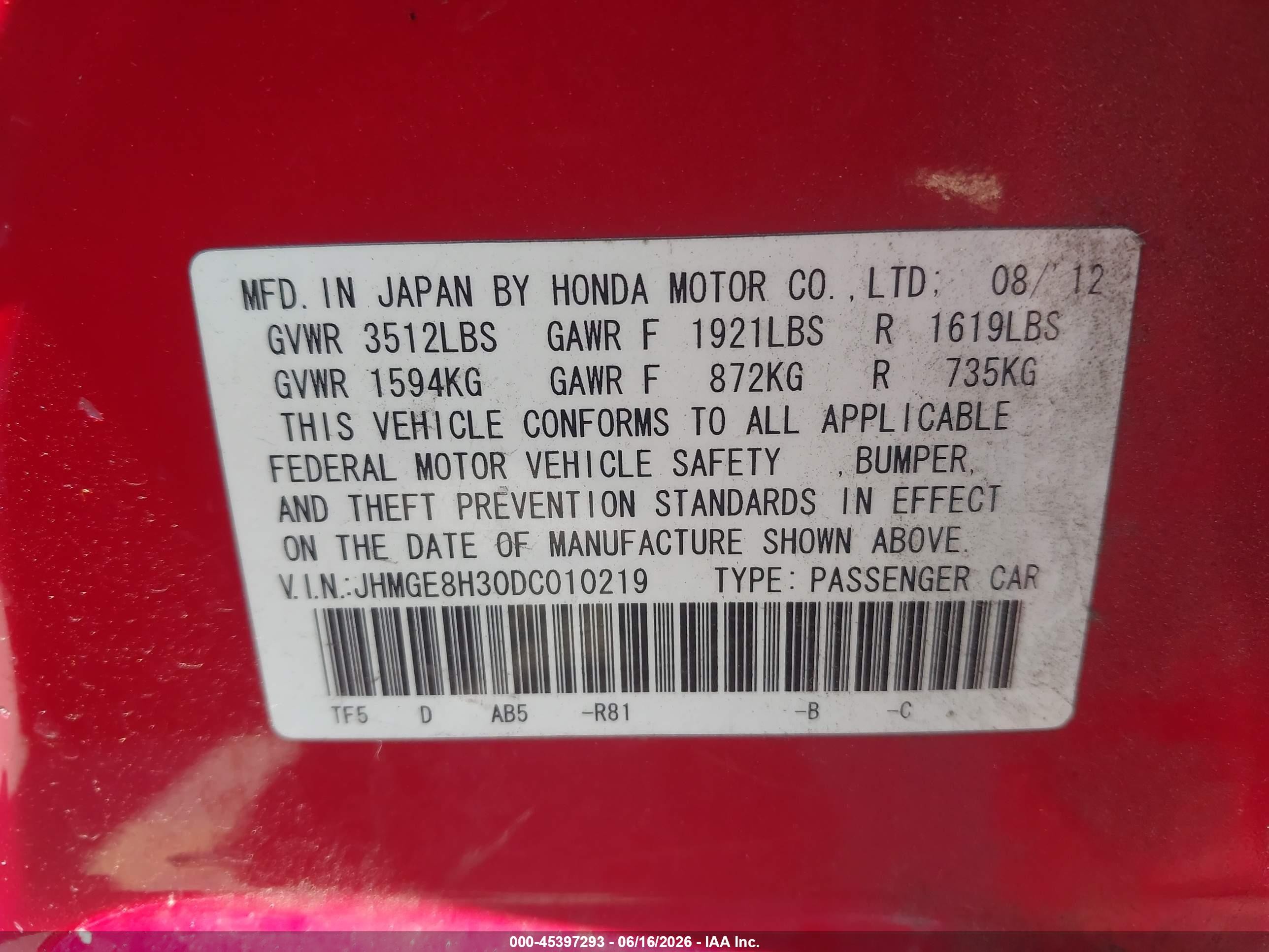 2013 Honda Fit   Red vin: JHMGE8H30DC010219