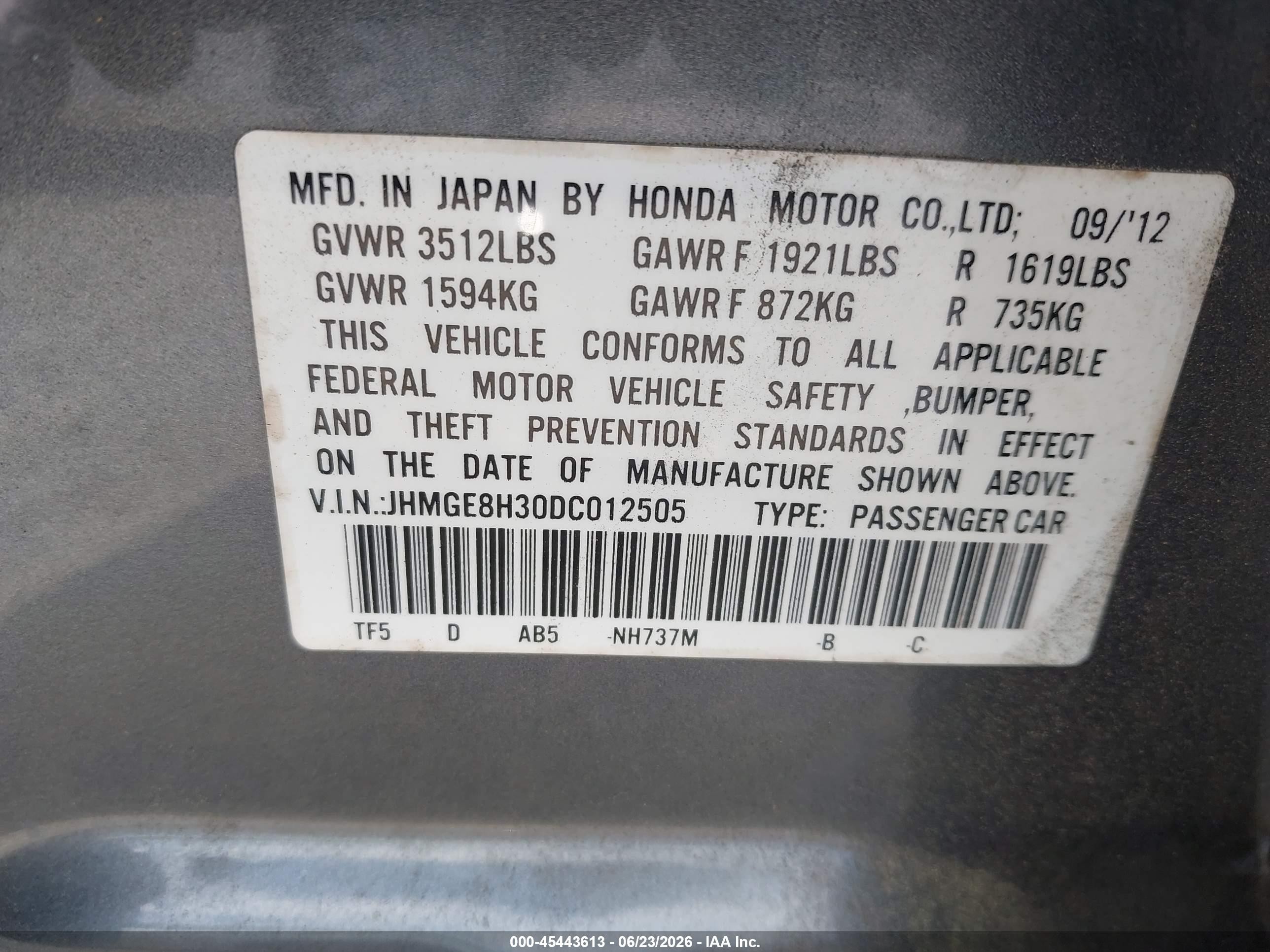 2013 Honda Fit   Gray vin: JHMGE8H30DC012505