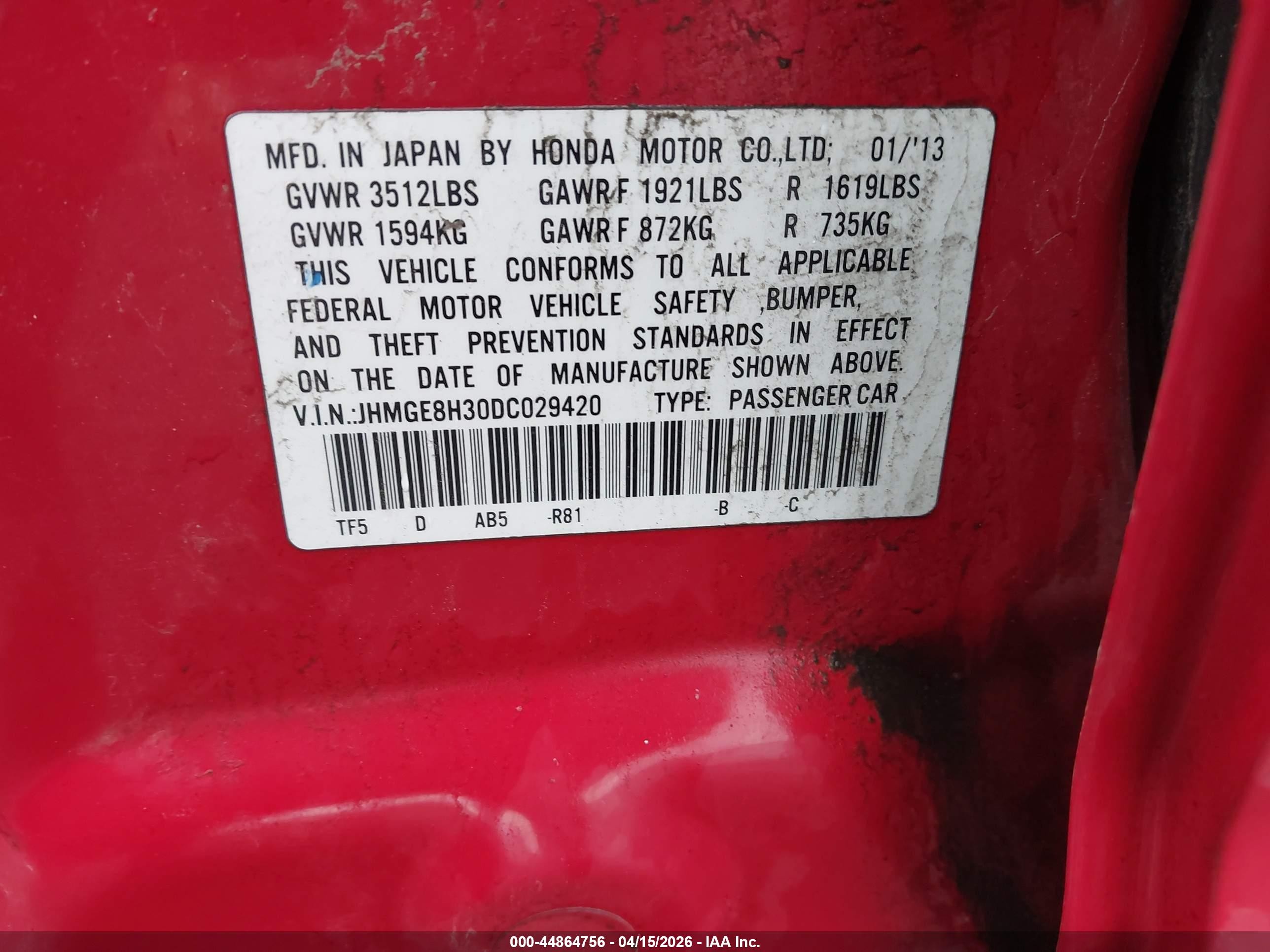 2013 Honda Fit   Red vin: JHMGE8H30DC029420