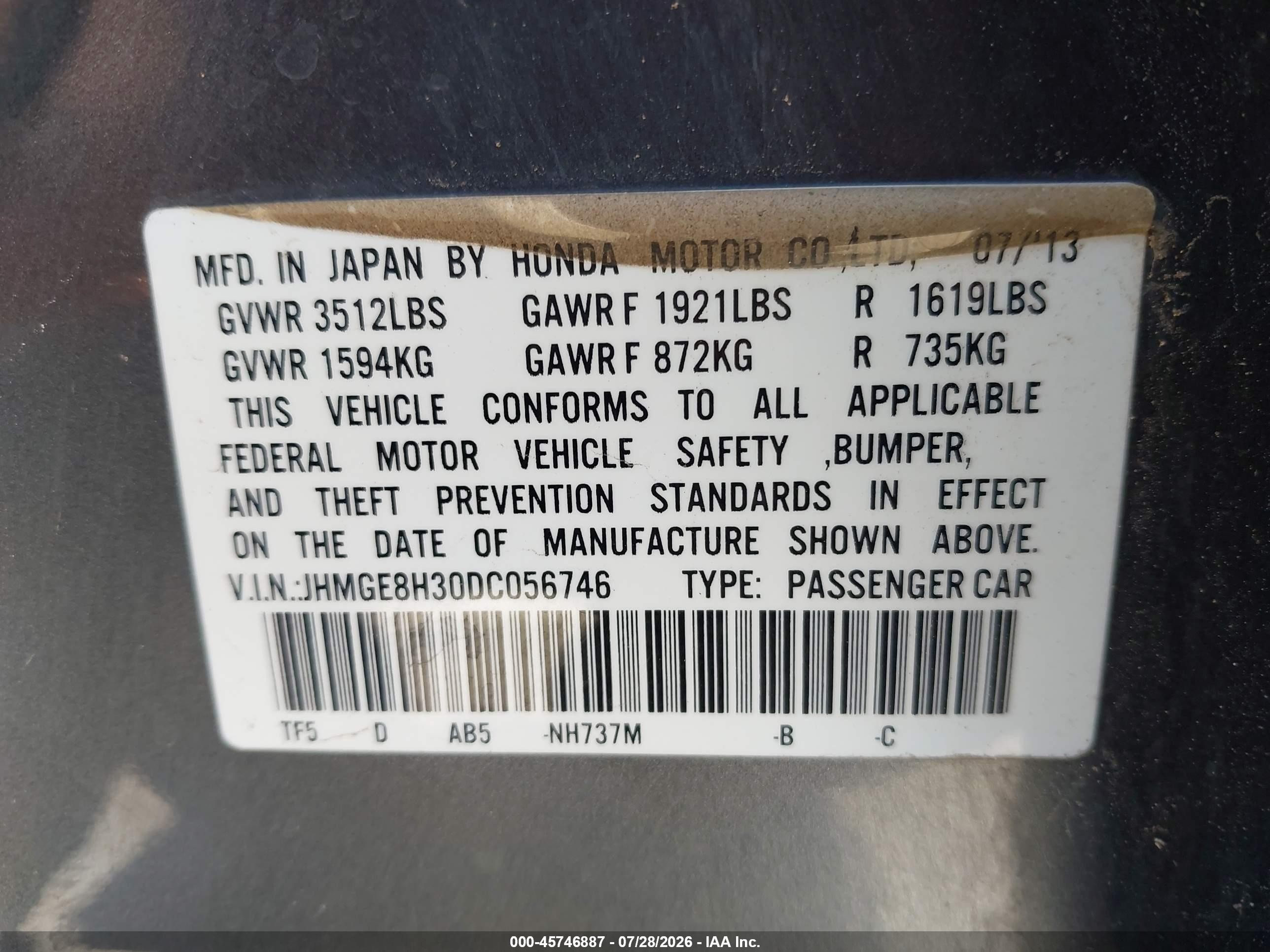 2013 Honda Fit   Gray vin: JHMGE8H30DC056746