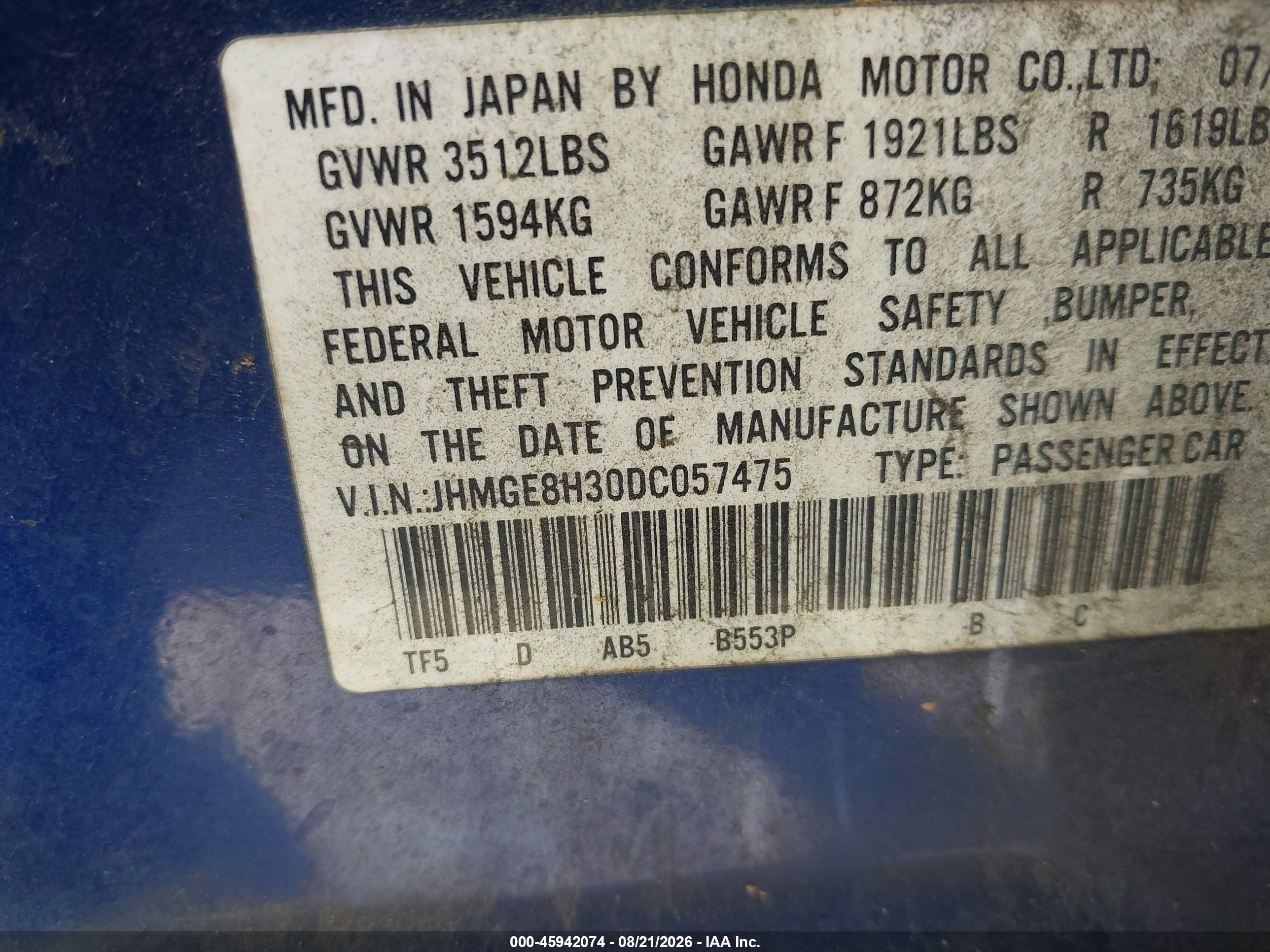 2013 Honda Fit   Blue vin: JHMGE8H30DC057475