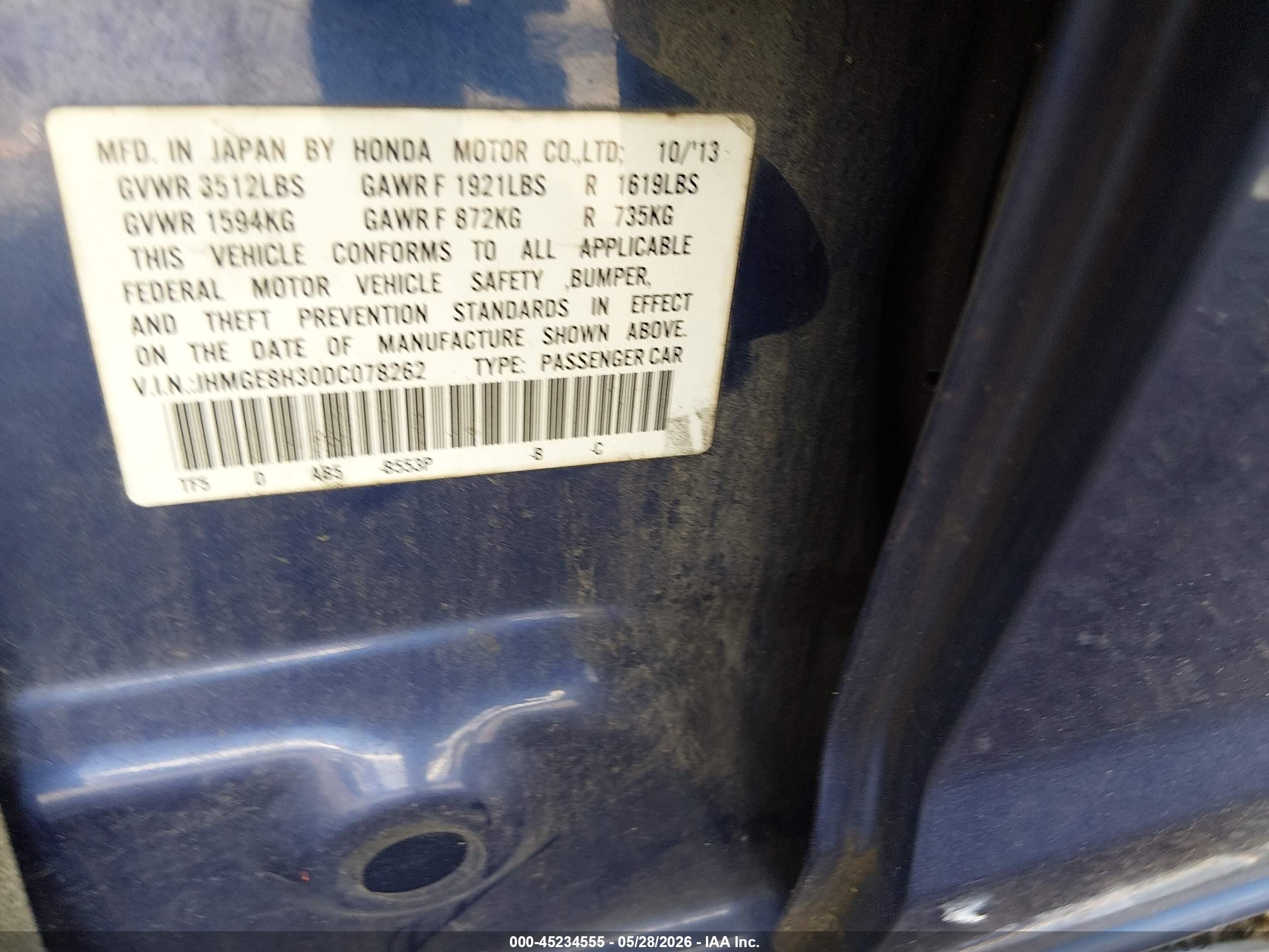 2013 Honda Fit   Gray vin: JHMGE8H30DC078262