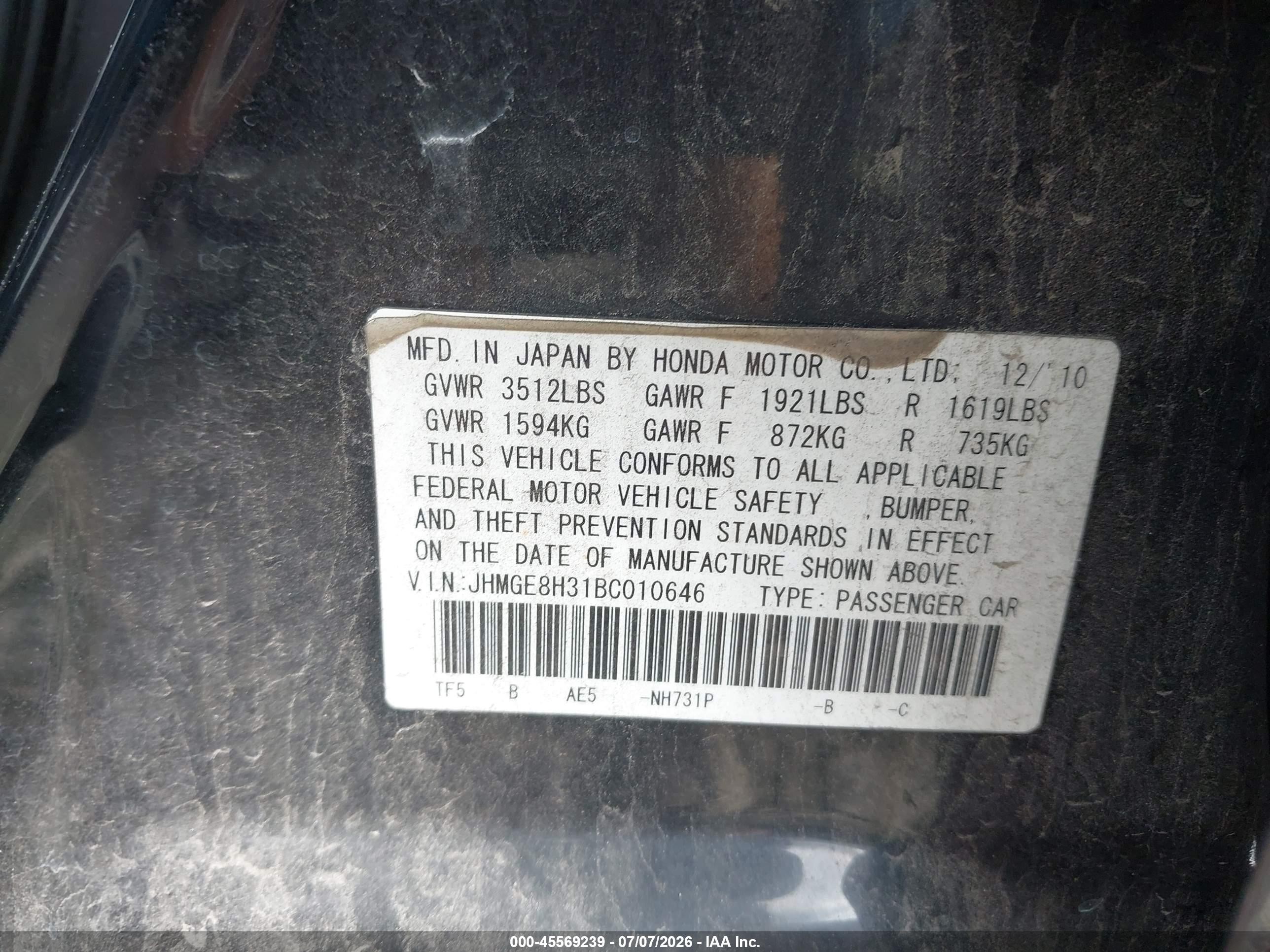 2011 Honda Fit   Black vin: JHMGE8H31BC010646