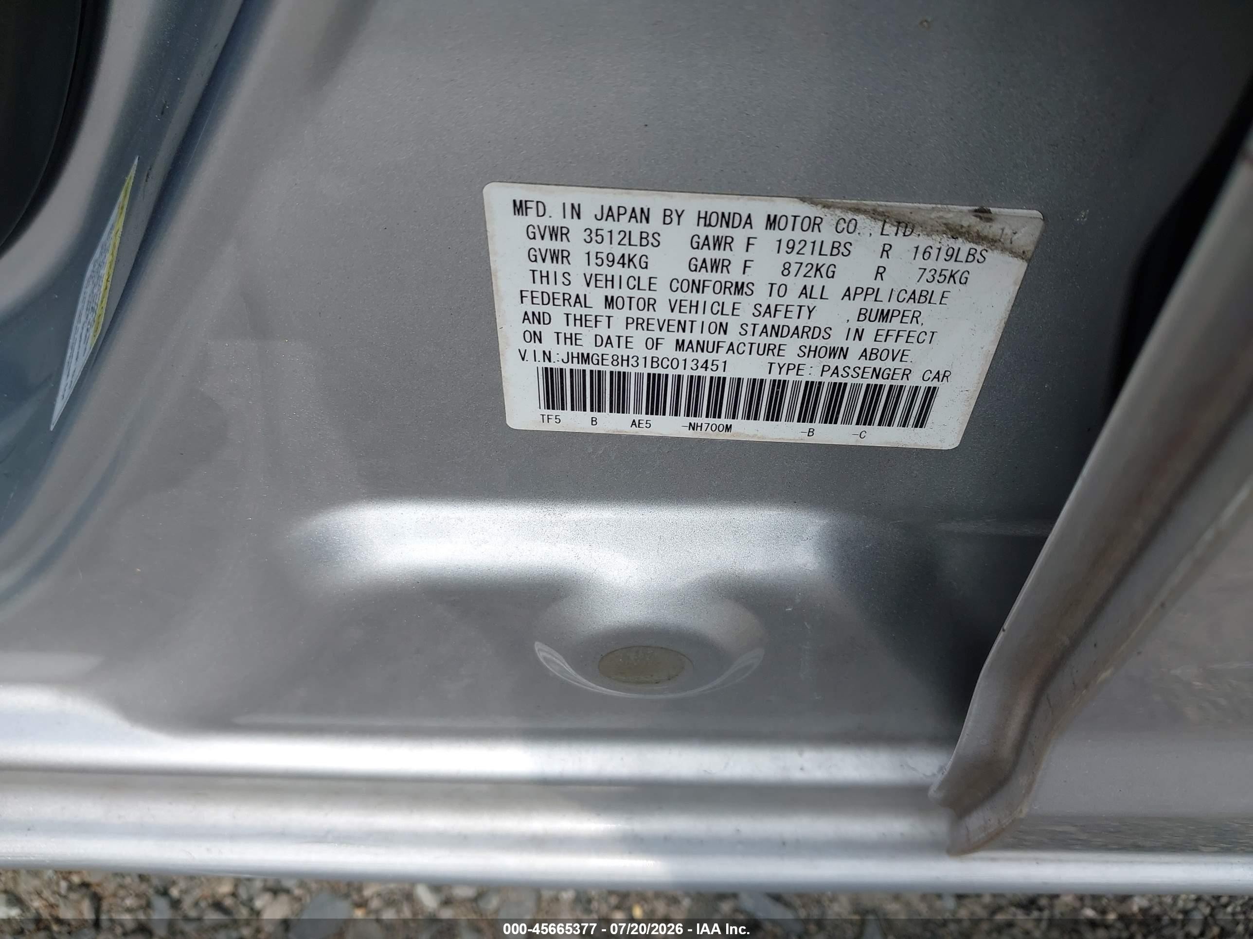 2011 Honda Fit   Silver vin: JHMGE8H31BC013451