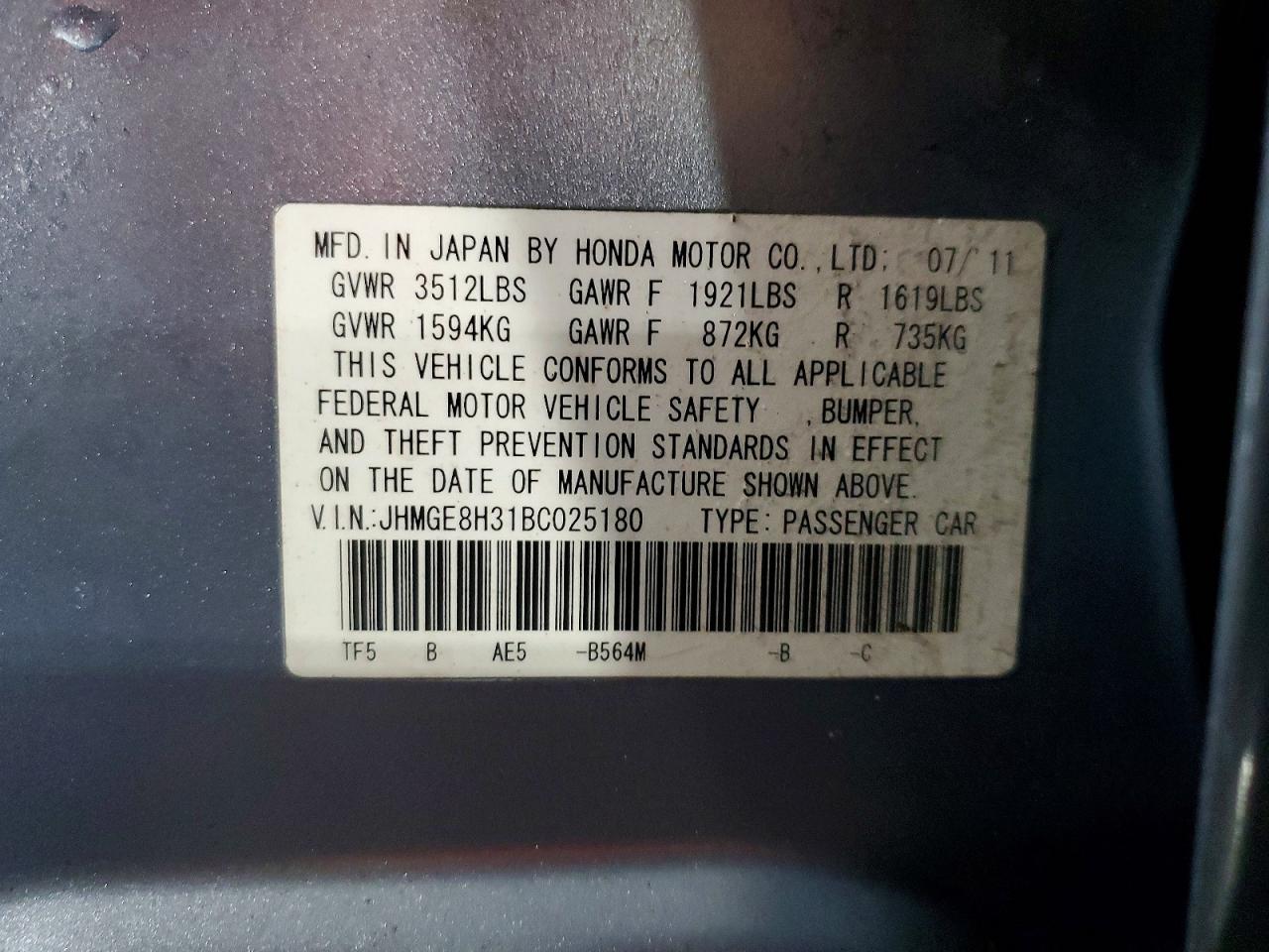 2011 Honda Fit Blue vin: JHMGE8H31BC025180