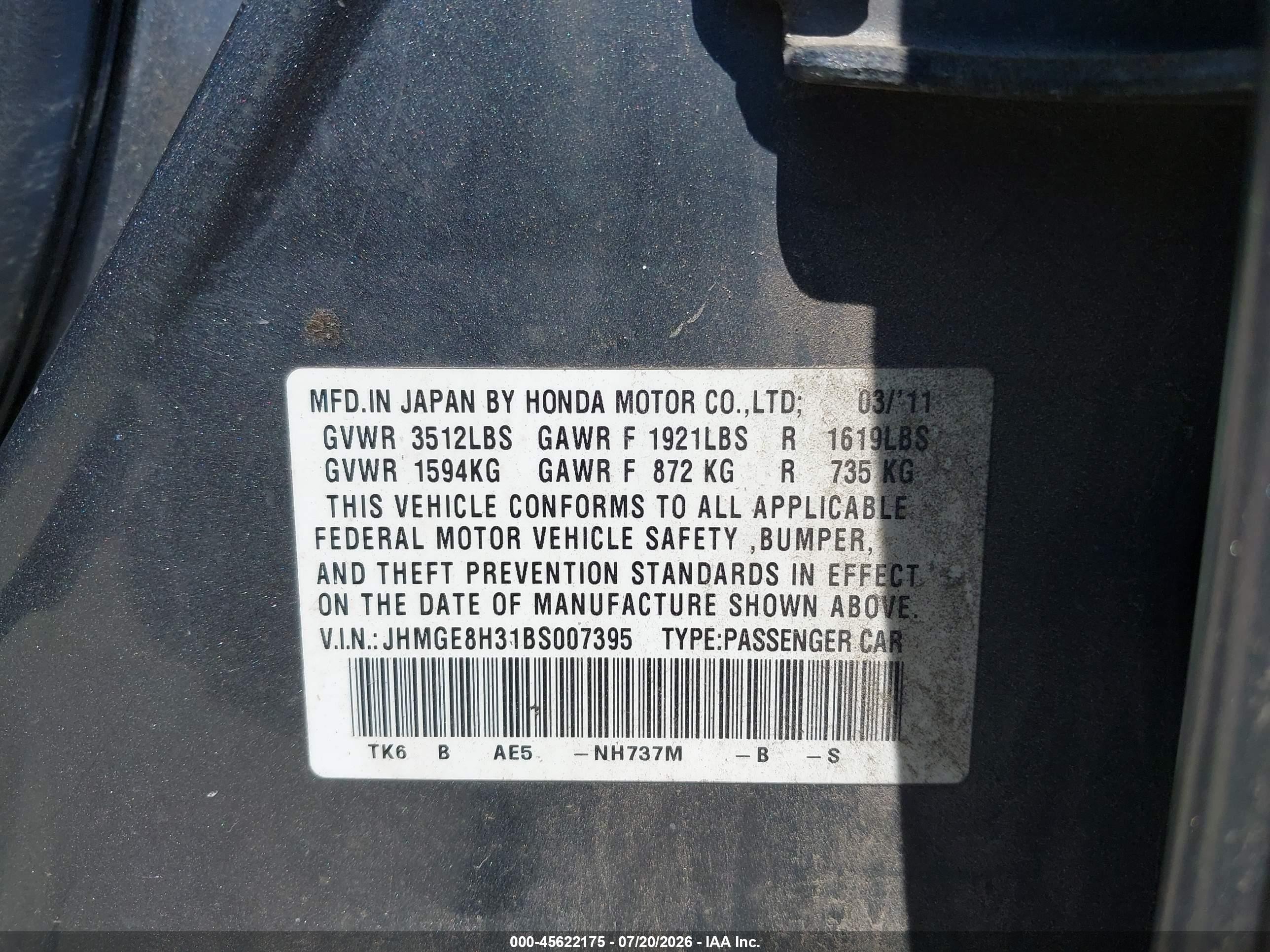 2011 Honda Fit   Gray vin: JHMGE8H31BS007395